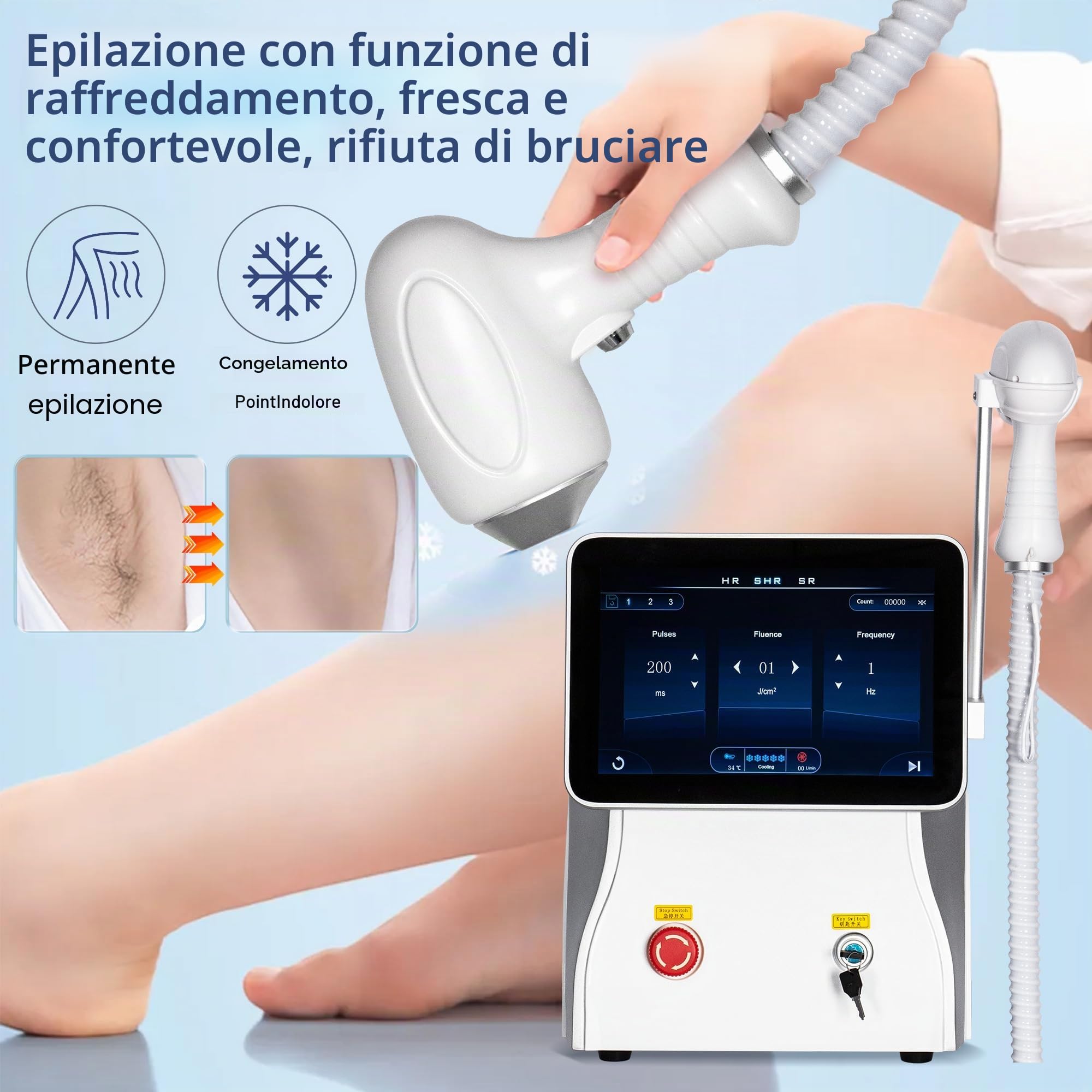 10 Bars, Macchina Professionale per la Rimozione dei Peli con Laser Diodo 808nm, 755 808 1064nm Laser Painless, Bianco