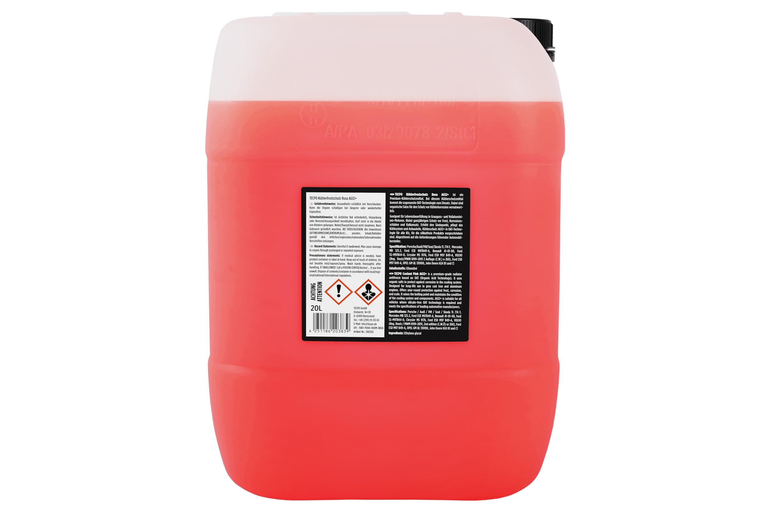 TECPO Anticongelante G12+ 20 litros listo para usar -40 °C, anticongelante para sistemas de refrigeración, protección contra la corrosión, refrigerante, protección contra sobrecalentamiento