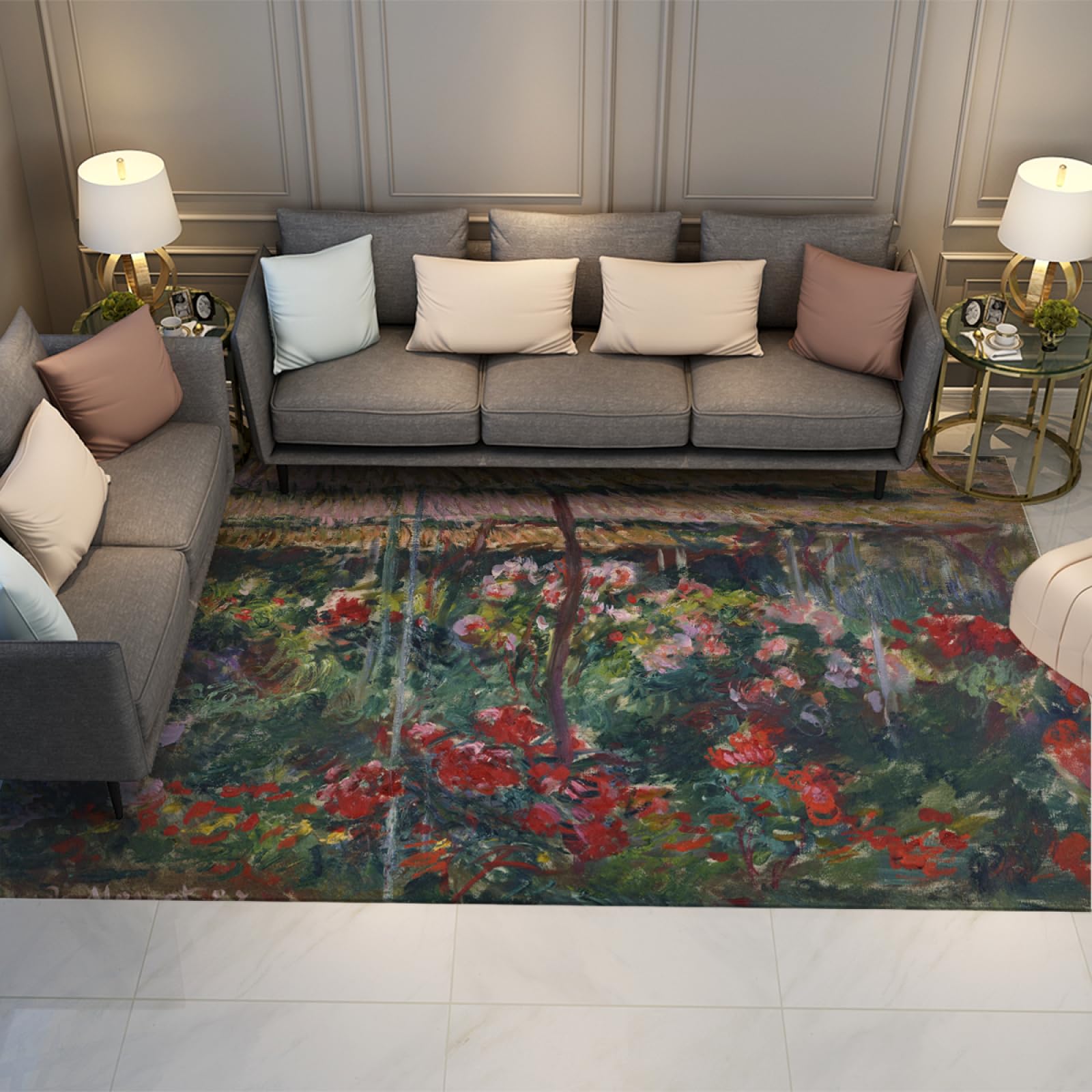 Tapis Claude Monet lavable paillasson xxl 180x400cm motif chaumière rustique