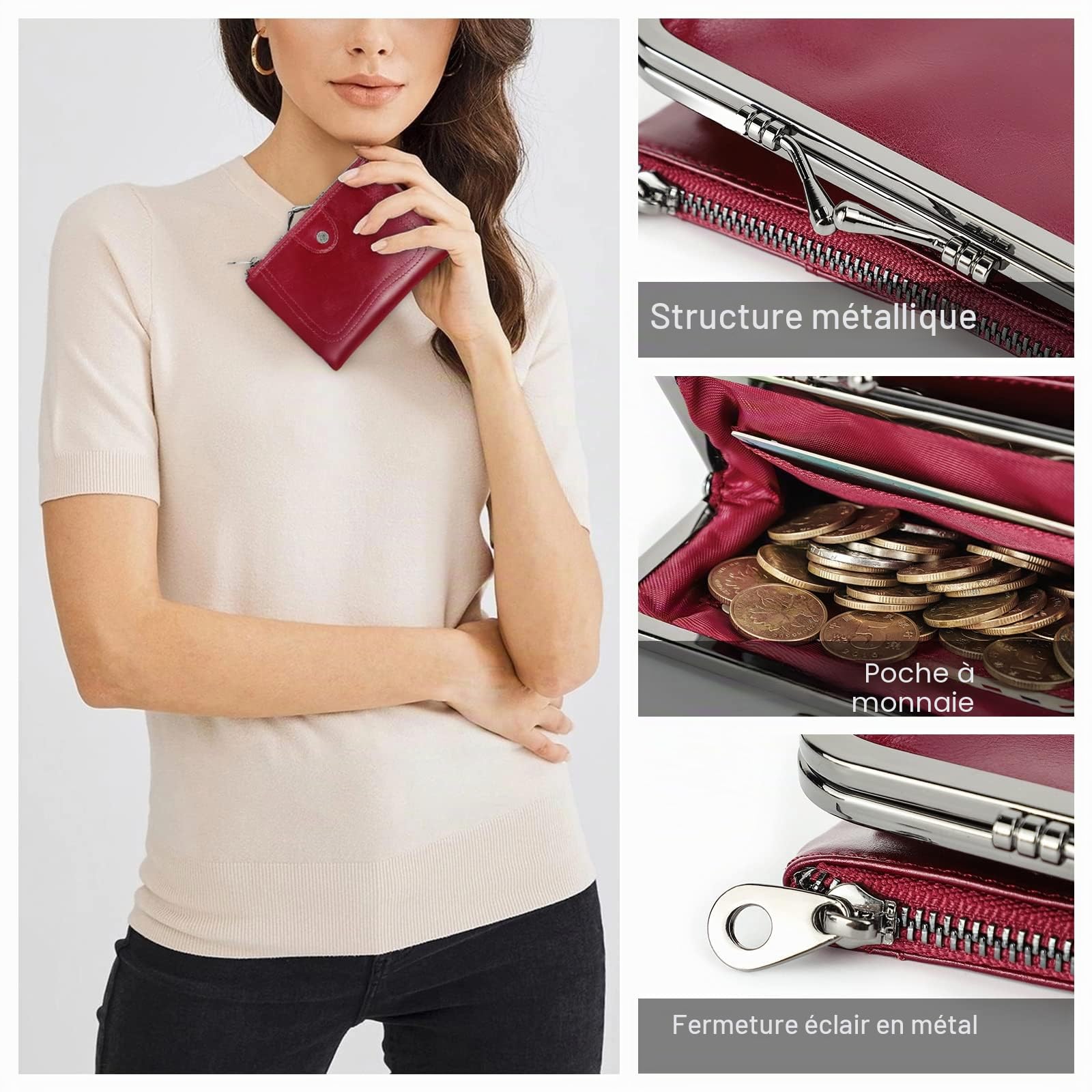 Contacts Portefeuille RFID pour Femme avec Serrure à Baiser,Porte-Monnaie Compact à Deux Volets en Cuir avec Poche zippée Porte-Cartes de crédit Petite avec fenêtre pour Carte d'identité Rouge