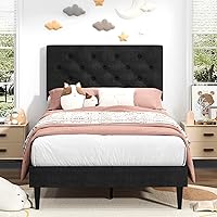 Vista 28 de BarnFurin Marco de Cama Twin, Cama Plataforma Tapizada con Cabecera con Botones Capitoné, Marco de Cama de Tela con Soporte de Listones de Madera