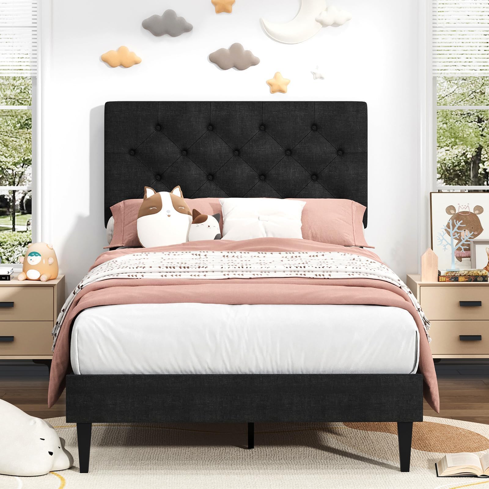 BarnFurin Twin Bed Frame, Upholstered Platform Bed with Button Tufted Headboard, Fabric Bed Frame with Wooden Slats Support, No Box Spring Required,