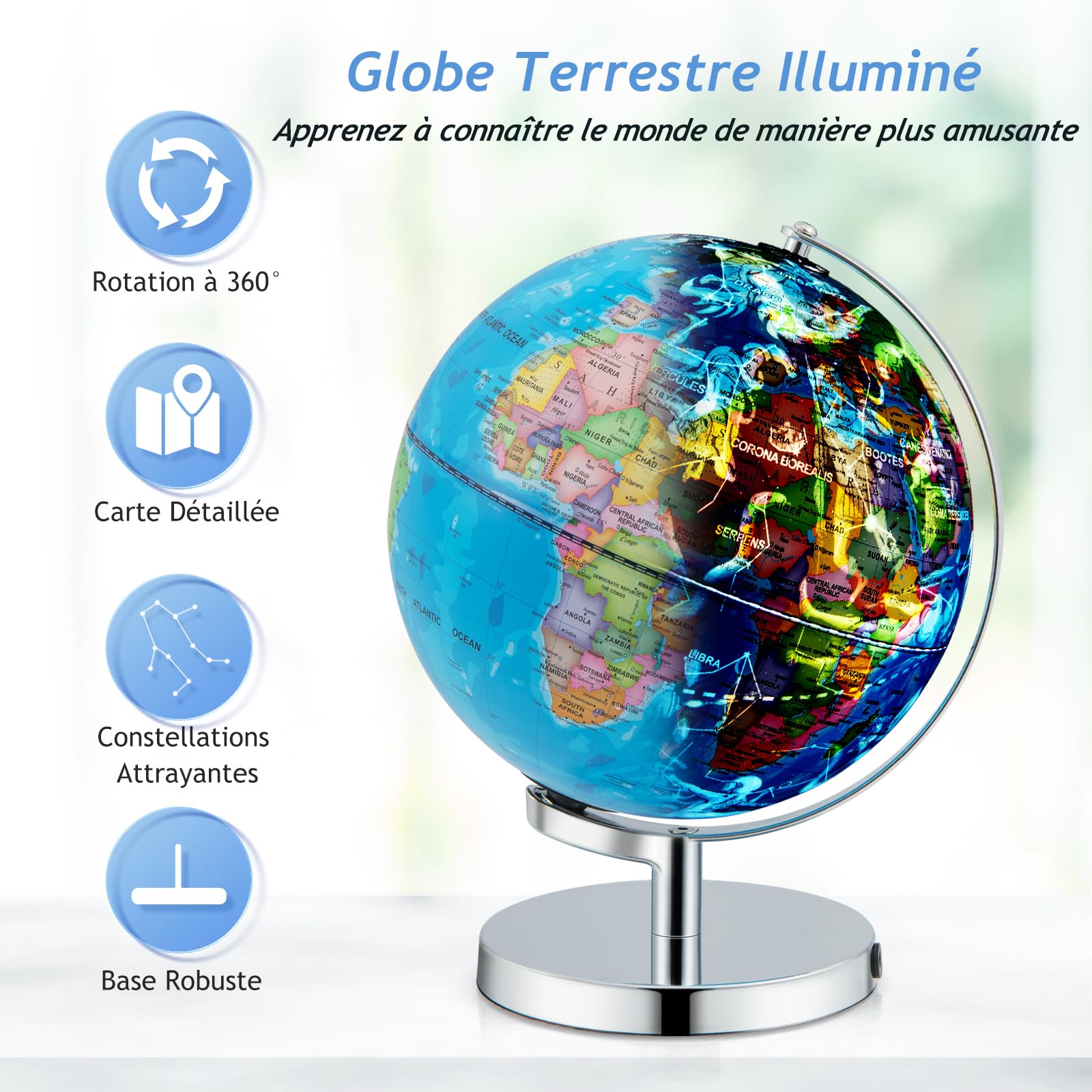GOPLUS Globe Terrestre Lumineux Interactif 3 en 1 pour Enfants - Carte du Monde, 88 Constellations, Veilleuse, Support Décoratif pour Maison, Salle de Classe, Bureau