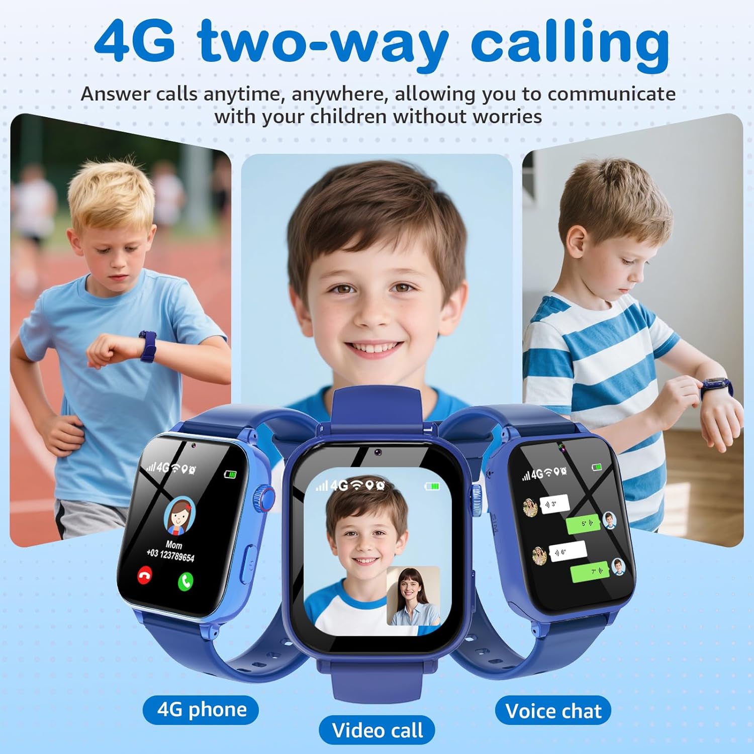 4G Kids Smart Watch for Kids,Smartwatch for Boys Girls with Call, GPS, SOS, Video Call, Voice Chat, Alarm, Touchscreen Smartwatch for Children Birthday Gift for 4-12 (Includes SIM Card),Bright Blue