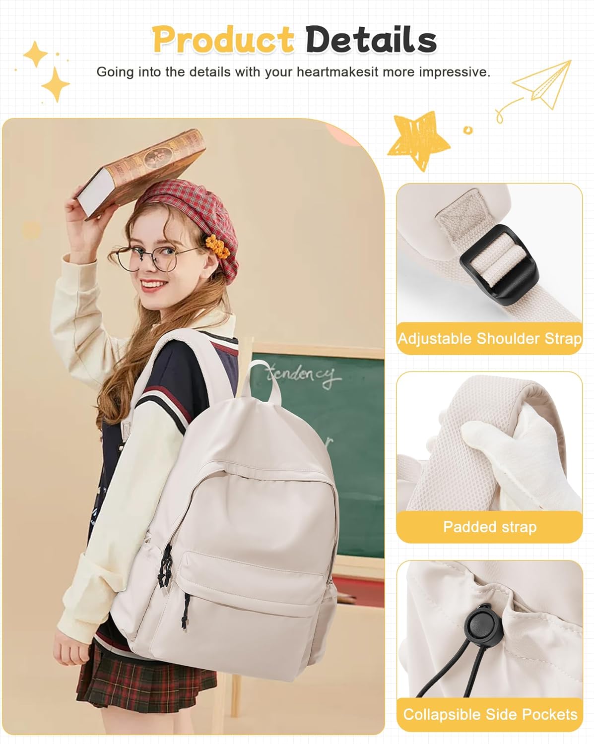 BJLFS Large White Backpack for Women Men, Gym Backpack for Women Foldable Outdoor Weekender Gym Bag, Waterproof Sports Back Pack & Dance Yoga travel Bag