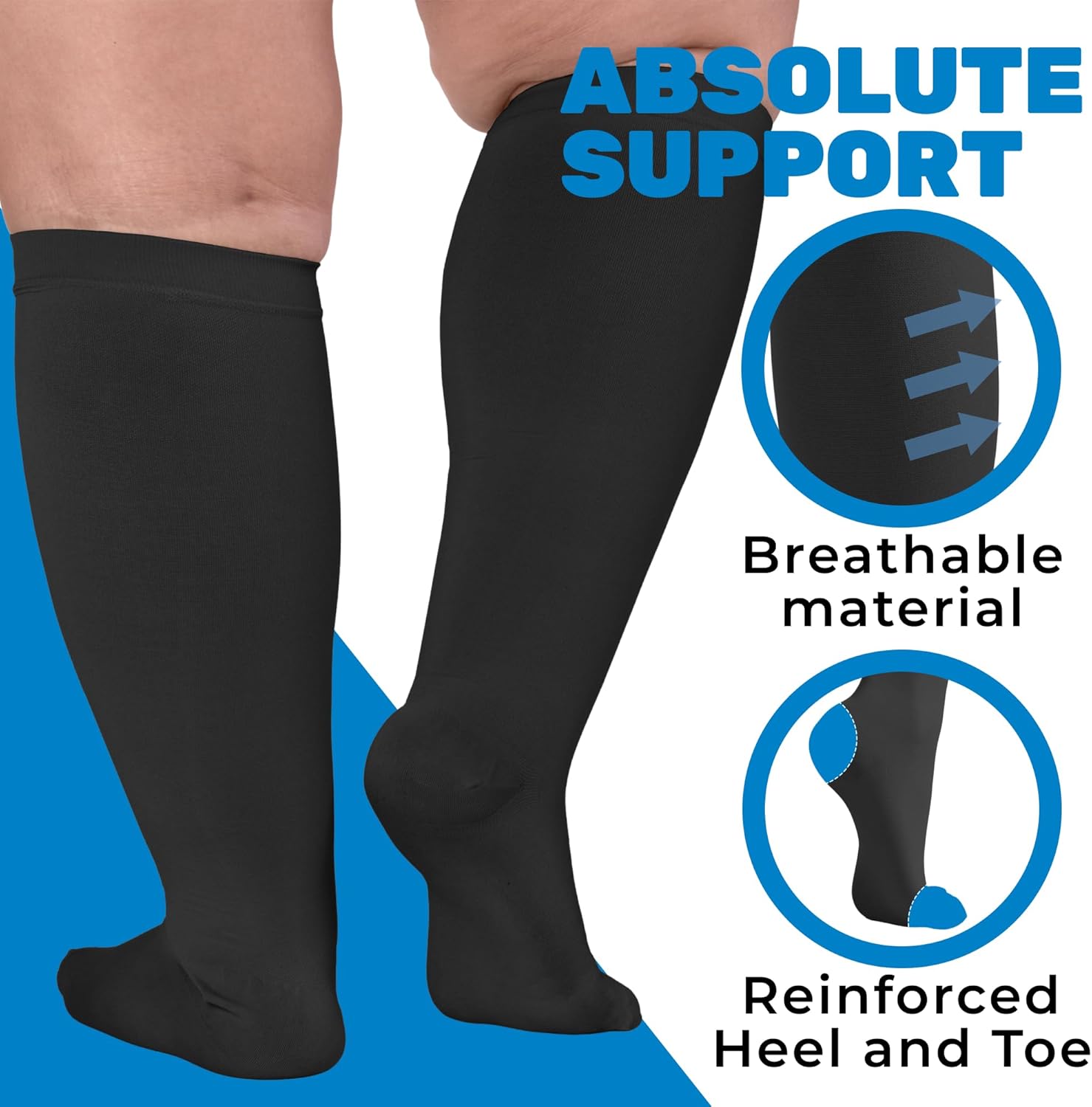 (3 Pairs) Plus Size Compression Socks for Women and Men 15-20mmHg - Wide Calf Support Knee Hi Stockings for Swelling - A505