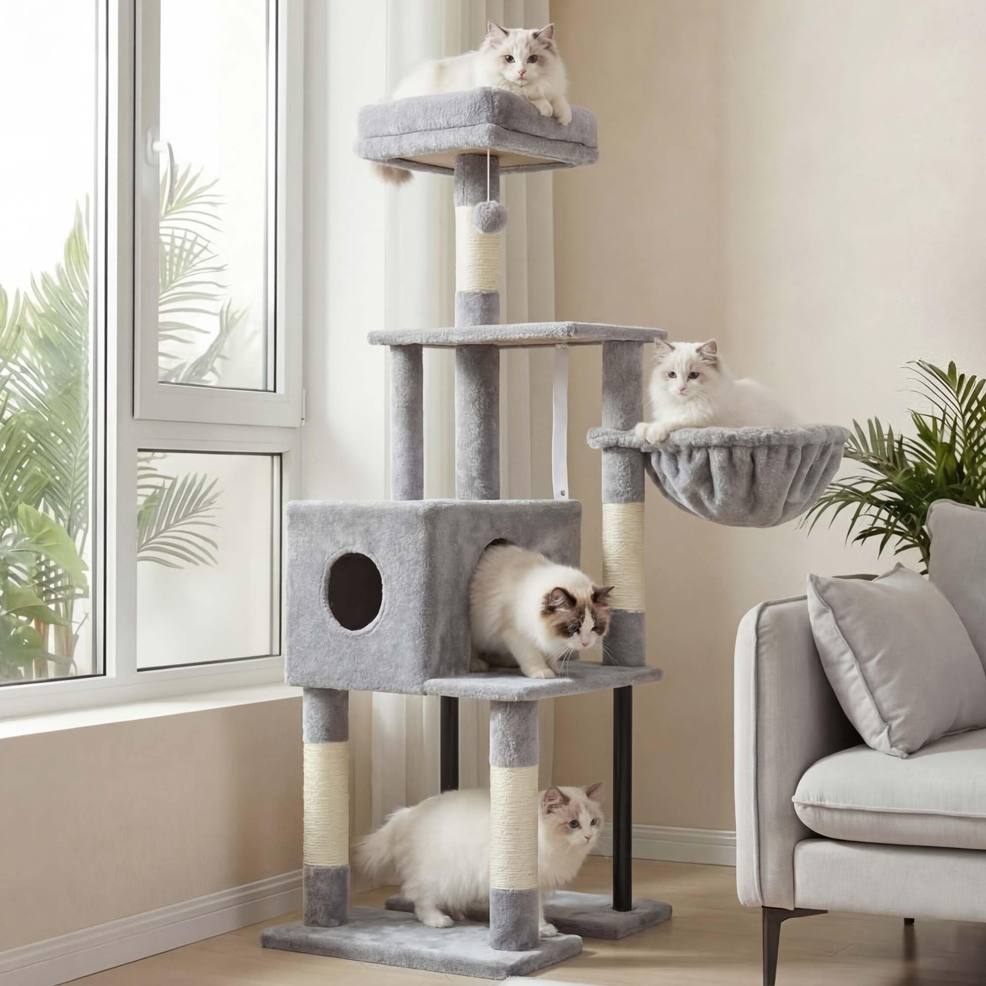 heybly cat tree, 49.2 inches cat tower for indoor cats, spacious cat house condo with hidden space sturdy steel tube soft plush top perch cozy hammock and sisal scratching posts, light gray hct200sw