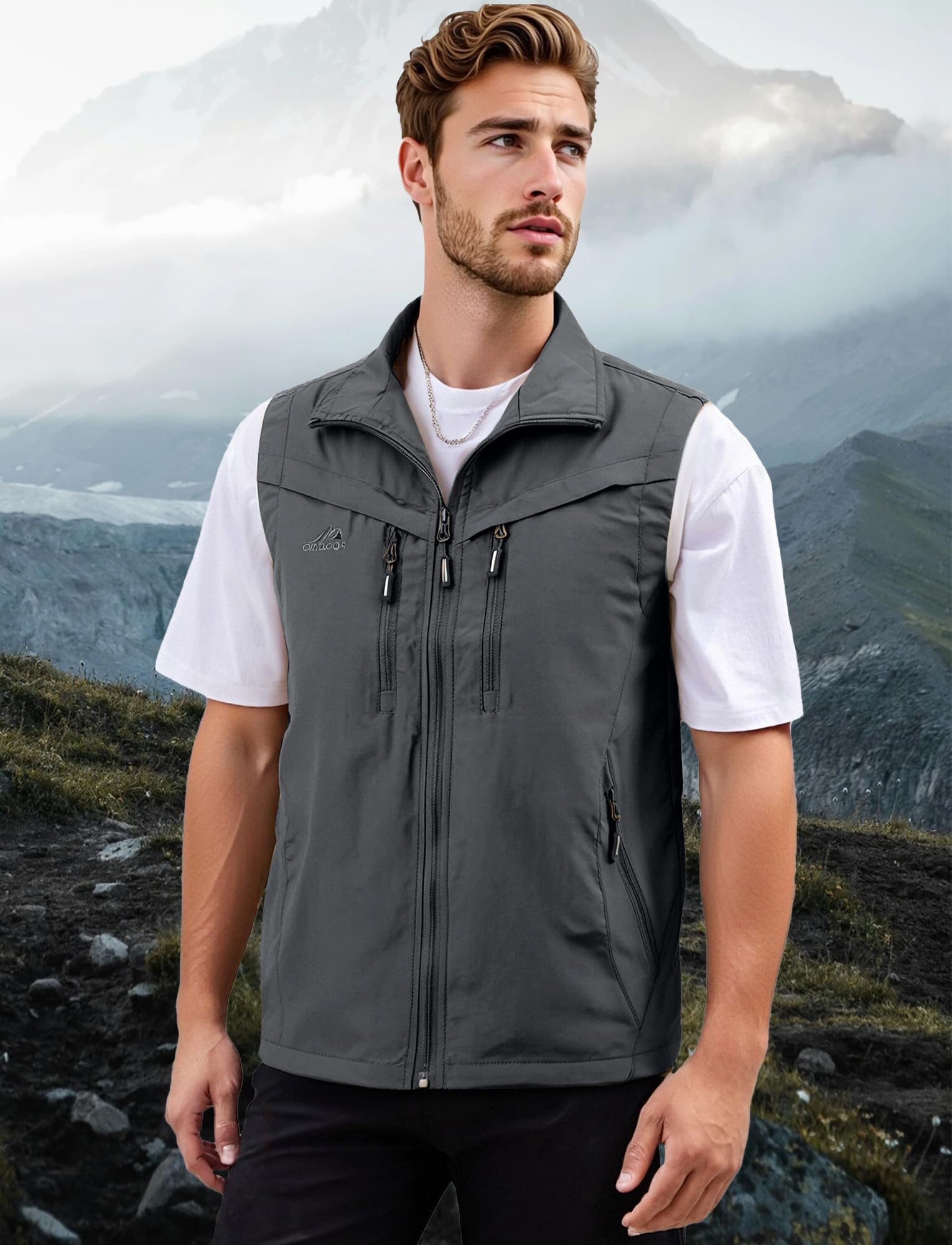 AIEOE Gilet da uomo multi tasche senza maniche con colletto alla coreana gilet da pescatore gilet da campeggio con cerniera