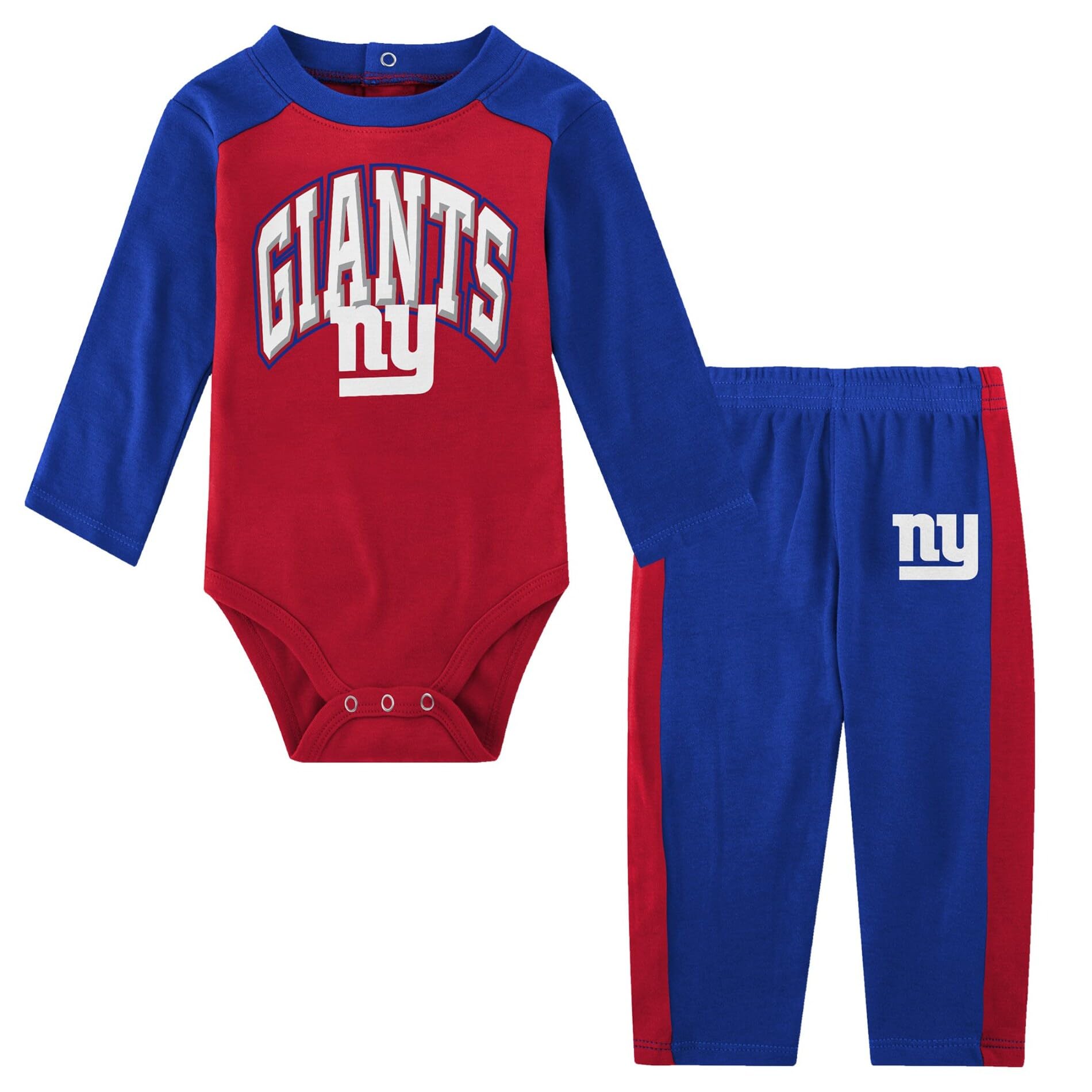 NFL New Born Infant 0/3M-6/9M Officially Licensed Arched Logos 2 Pack Long Sleeve Bodysuit Creeper and Pants Set (New York Giants, 6-9 Months)