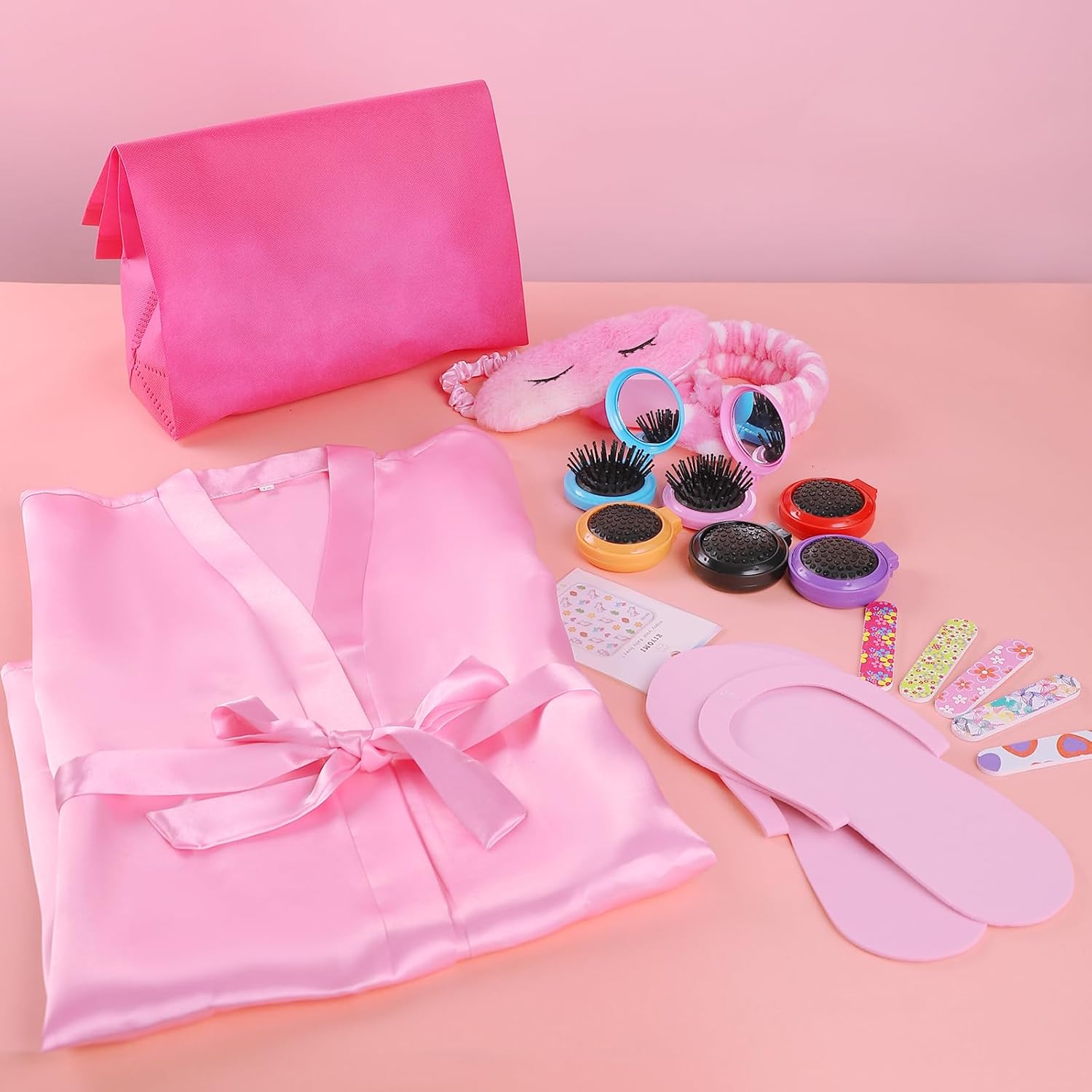 48 Pack Spa Party Supplies for Girls, Satin Robes, Unicorn Sleep Masks, Slippers, Gift Bags, Headbands, Sleepover Birthday Party Favors, 6 People