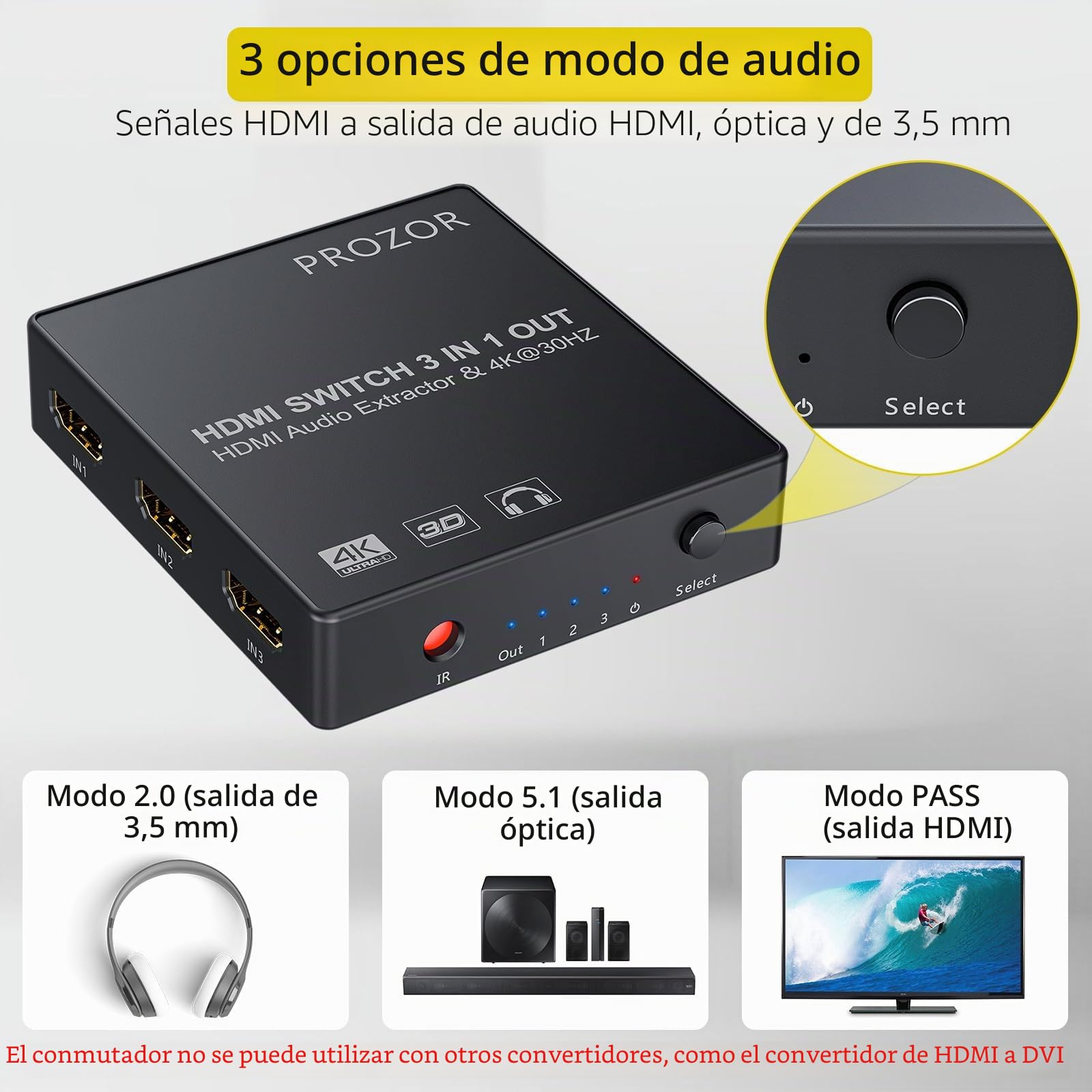 HDMI Convertidor Switch 3x1 con Extractor de Audio Salida Analógica Óptica Toslink SPDIF Soporte 4K 3D con Mando IR Cable HDMI Cable USB y 3.5mm Macho a 2 Cables Hembra RCA Para Blu-ray DVD PS4 TV