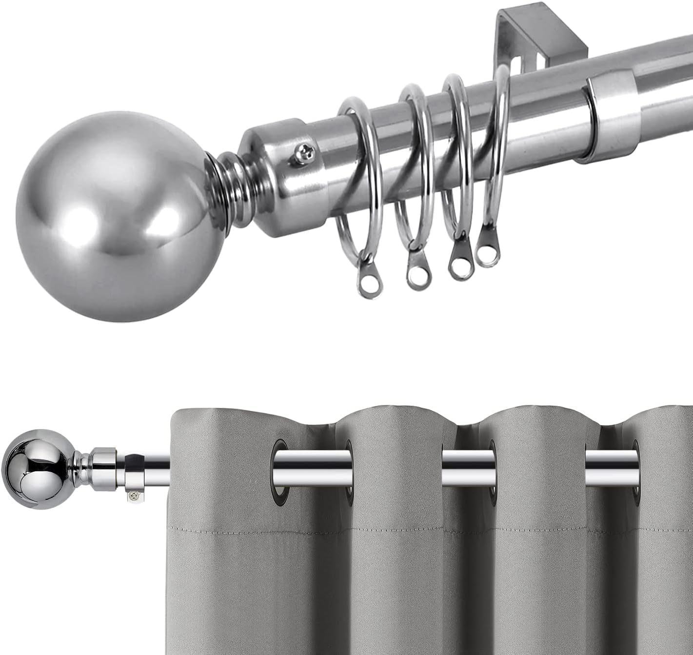 Hafaa Curtain Poles Plain Metal Ball Adjustable Decorative 6 Pack Window Curtain Pole Includes 70 to 120 cm Extendable Curtain Rod, 60mm Size Finials, Rings, Brackets & Fittings Set, Chrome — image 1