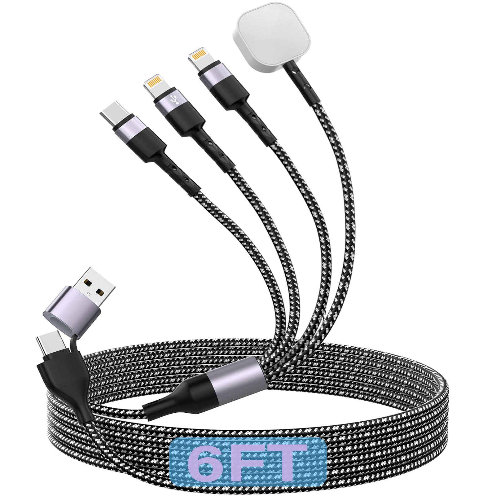 Opluz4-in-2 Watch & Phone Charger Cable, Multi Universal iwatch Charging Cable Compatible with iPhone, iWatch,Galaxy, Pixel/6FT Magnetic Dual Lighthing, Multiple USB A/C Nylon Braided Cord Cargador