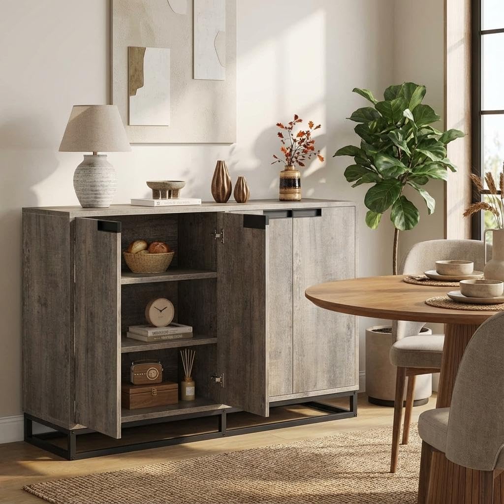 GAOMON 55" Buffet Cabinet, Large Sideboard Buffet Cabinet with Storage, Storage Cabinet with 4 Doors & Adjustable Shelves, Wood Coffee Bar for Living Room, Dining Room, Kitchen, Grey