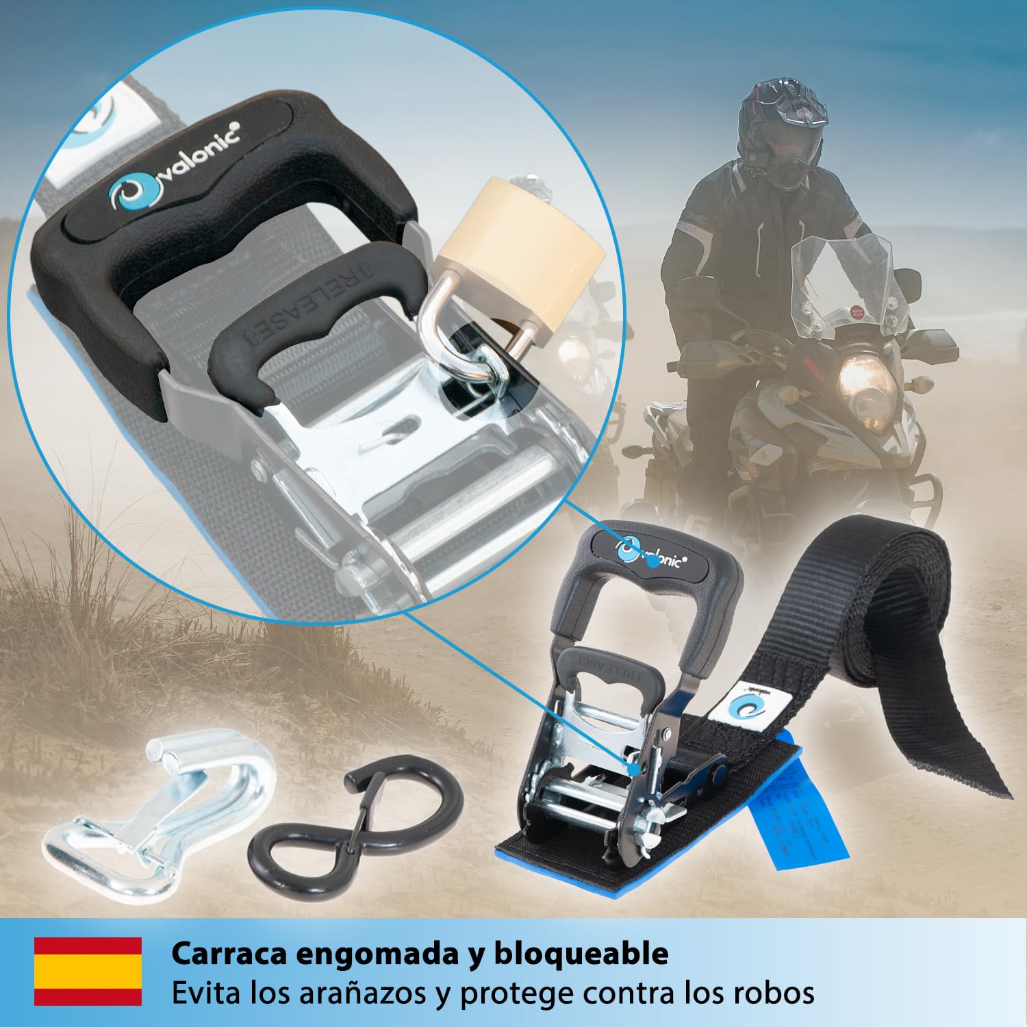 valonic Panther - 2X 2,25m cincha de Amarre con trinquete para Motos, 38mm, 650/1300 Kg, Acolchado, Certificado TÜV Rheinl/GS, EN 12195-2 - Distancia de tensado Corta, para remolques