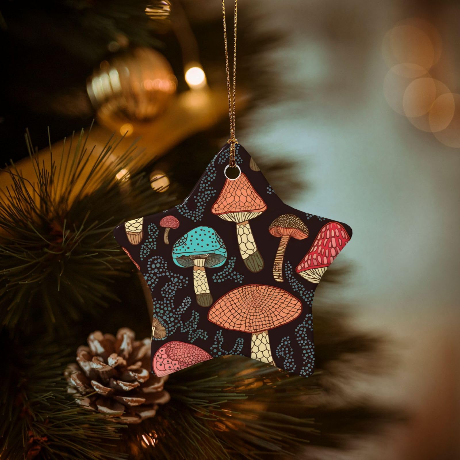 Christmas Ornaments for Christmas Tree Decoration Hanging Mushroom Ornament with Gold Ribbon Crafts Star Shape Ceramic Pendant for Keepsake Gifts Xmas Decor Party Supplies