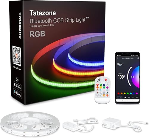 Tira de luces LED COB Bluetooth RGB de 32.8 pies con control remoto, tira de luz LED COB con aplicación inteligente regulable, sincronización de