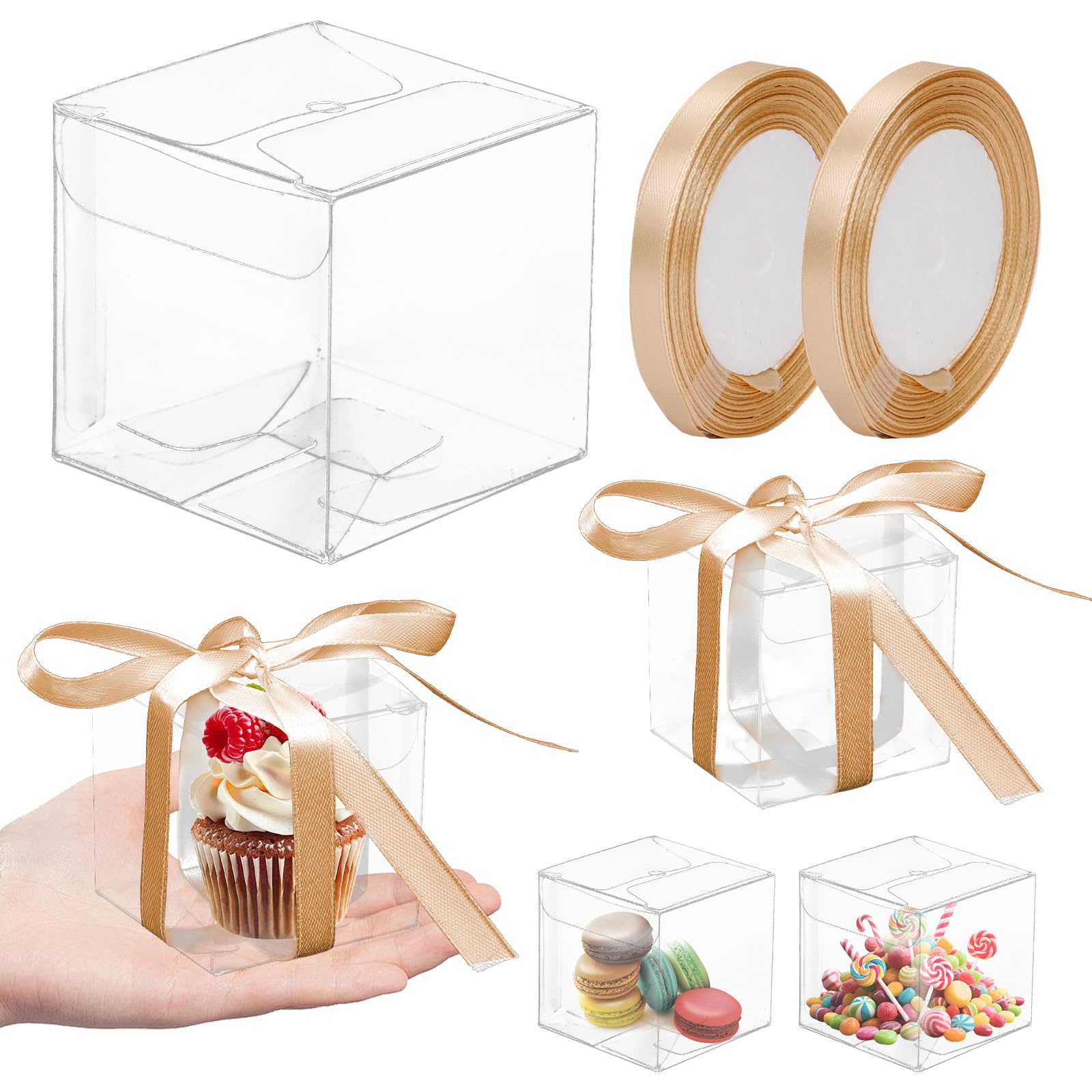 giteo bedding, 100Pcs Gift Box Favour Boxes Clear Gift Boxes, Gold Ribbon — image 1