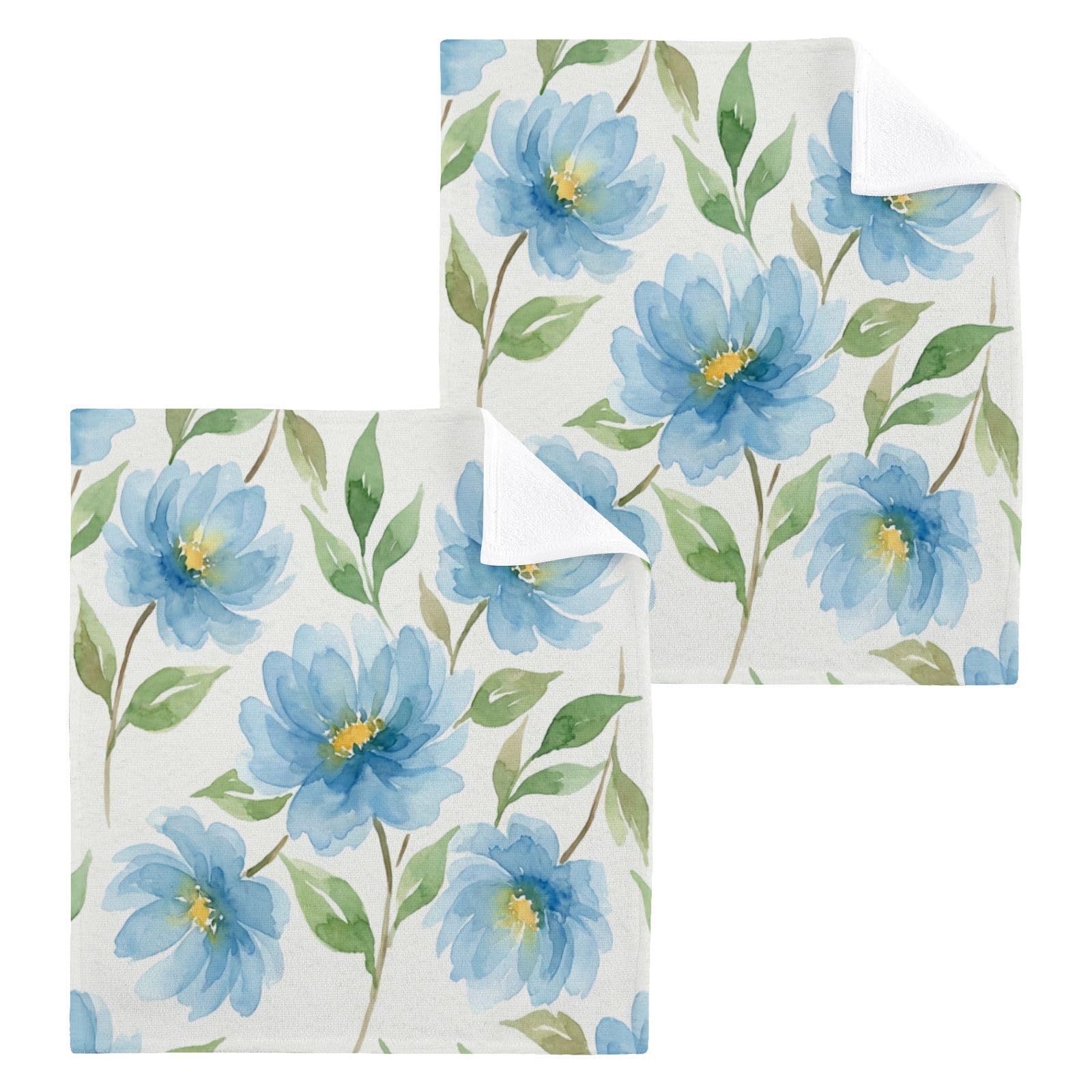 BOESI Blue Daisy Watercolor 12x12in Cotton Washcloth,Face Towel