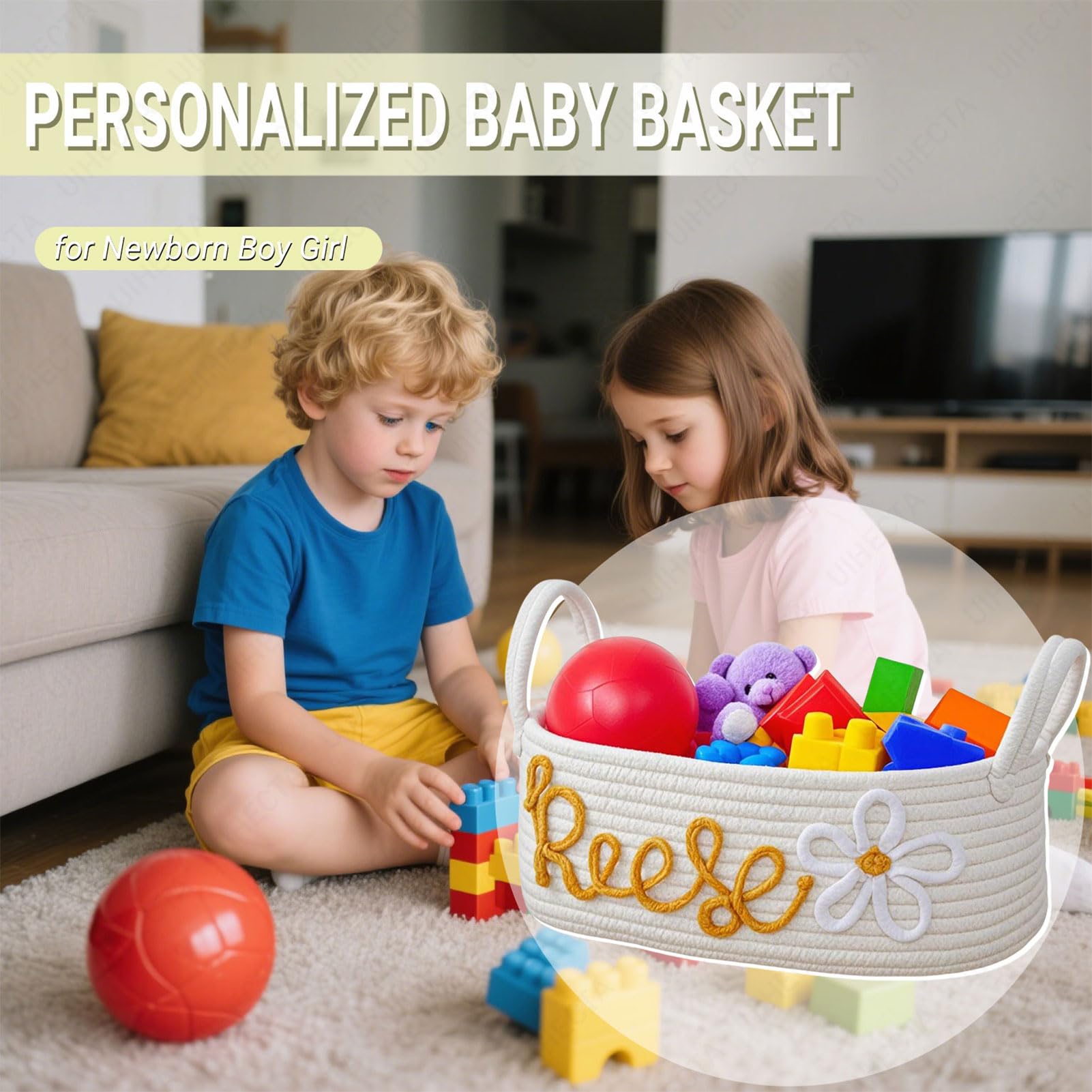 Cestino in Corda di Cotone Personalizzato, Cestino con Nome per Neonato, Contenitore per Articoli Essenziali per Cameretta, Regalo di Compleanno per Baby Shower, per Portapannolini