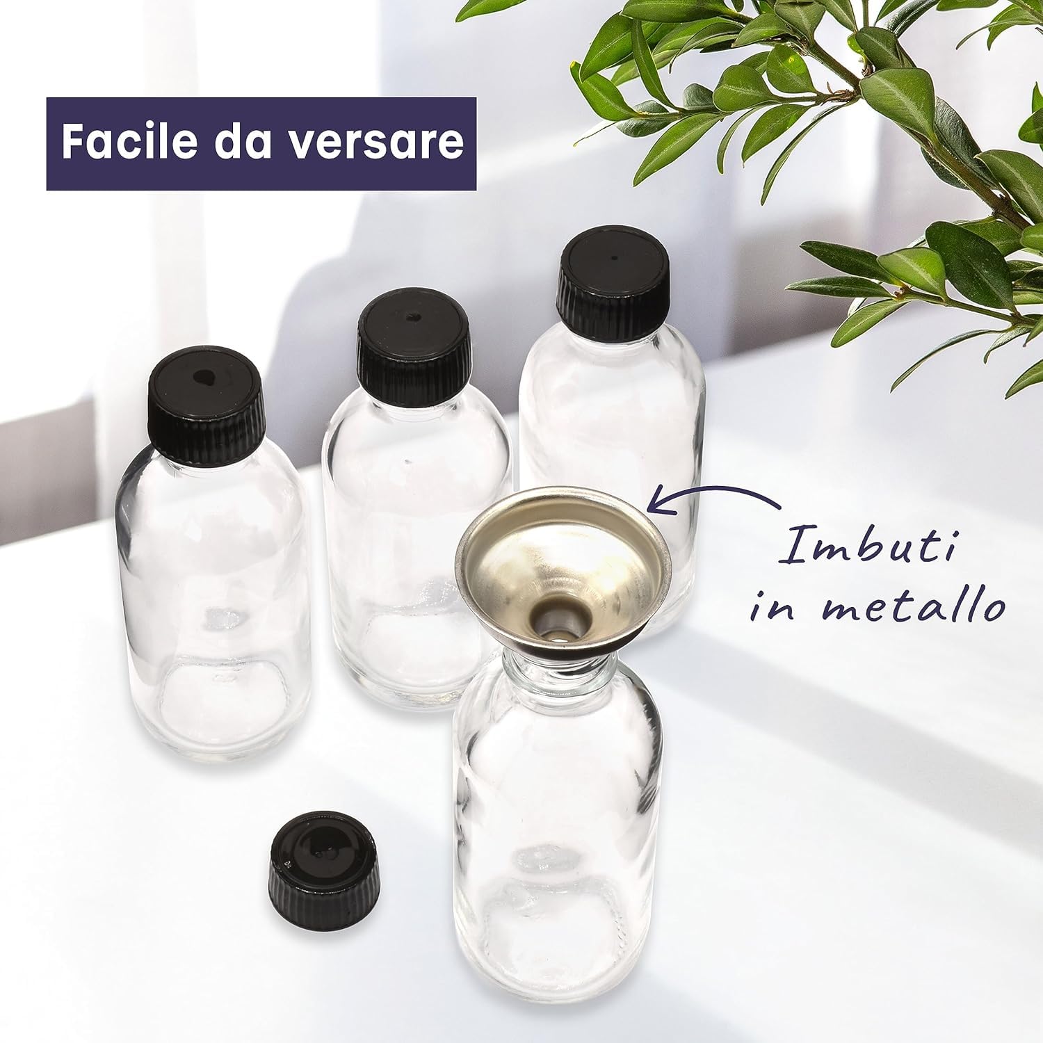 HEFTMAN 24 Bottigliette Vetro 60ml Con Tappo E 3 Imbuti - Perfette Per Shot Di Zenzero, Liquori E Oli - Kit Completo - 4