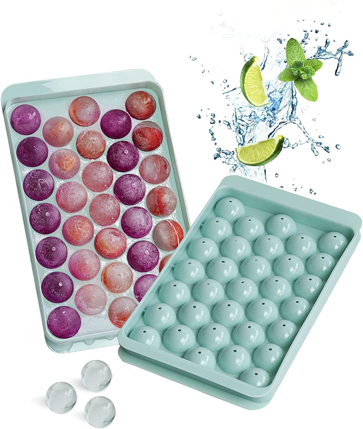 Ash & Roh® Round Ice Cube Trays for Freezer with Bin - 33 PCS Sphere Ice Cube Maker Mold Easy to Release Small Ice Ball Maker Ice Perfect for Chilling Cocktail Whiskey Tea Coffee (Blue)