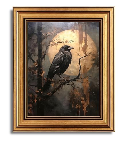 vineolect Vintage Raven Gold Framed Wall Art Gothic Full Moon