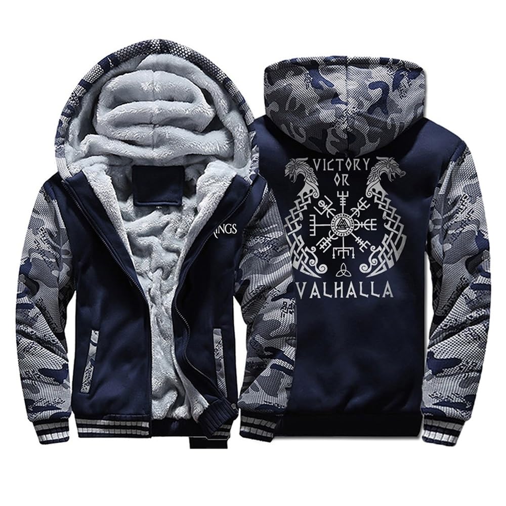 Thick Viking Fleece Hoodies Warm Hooded Sweatshirt Athletic Hoodies For Men Novelty Hoodies Outdoor Zip Up Sweatshirt(Blue,XXL)