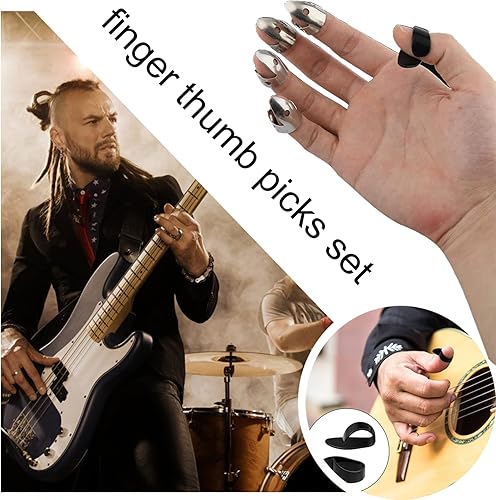 Miniatura 3 de El juego de 12 púas ajustables para el pulgar incluye 8 púas de acero inoxidable plateado y 4 púas de plástico para el pulgar para guitarra, banjo,