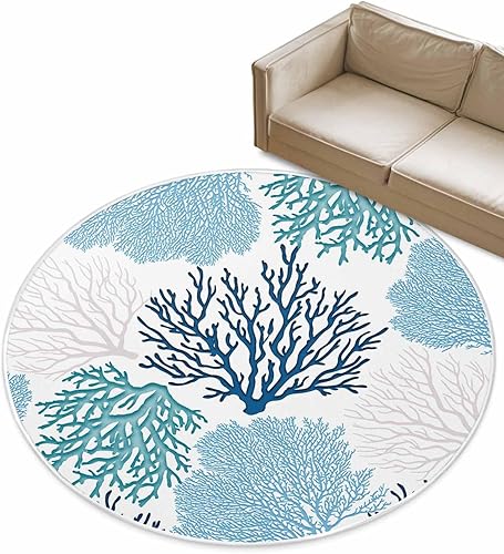 Miniatura 3 de Alfombra redonda azul océano coral de 3 pies, lavable para interiores, dormitorio, cocina, baño, sala de estar, comedor, lavandería, oficina, área +