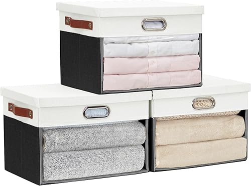 Vista 11 de Contenedores de Almacenamiento de Tela con Ventana Transparente con Tapa, Caja de Almacenamiento para Armario, Cestas de Lino para Armario con 3