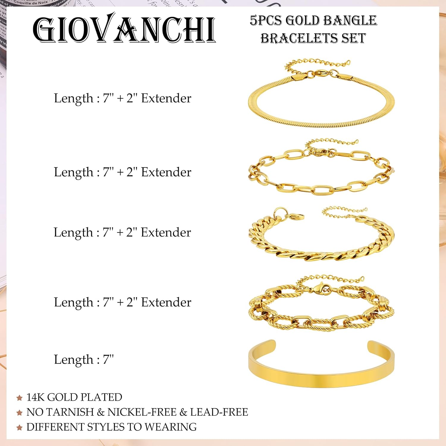 Giovanchi Gold Bracelets for Women, 14K Gold Plated Chunky Cuff Bracelet Gold Bangles Bracelet for Women Trendy Beaded Bracelet Stack Jewelry Gifts - Image 3