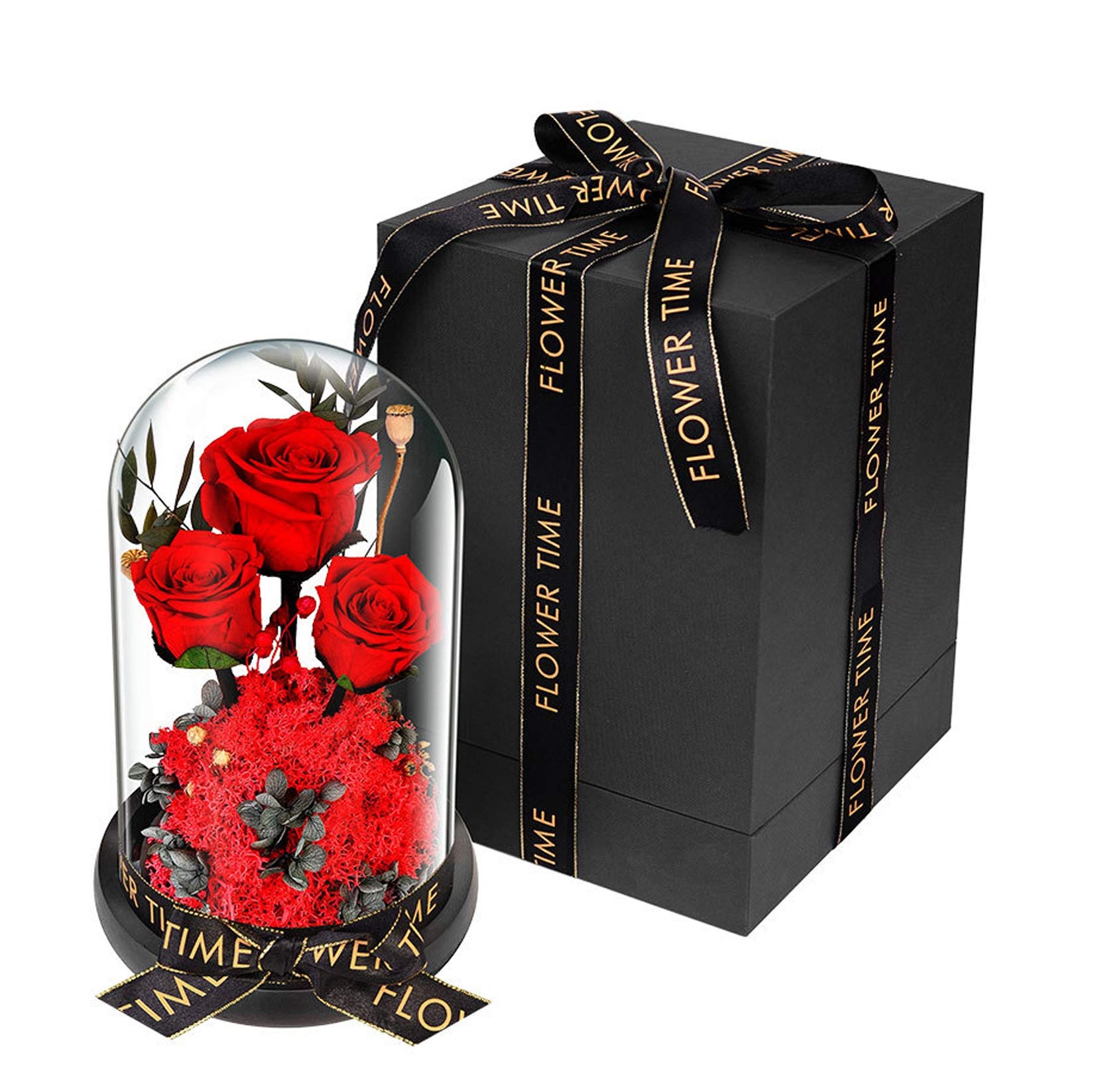 Eternal Rose, Rosa Conservata In Cupola Di Vetro Con Base Legno E Luce LED, Regalo Romantico Per San Valentino E Anniversari, 3 Rose