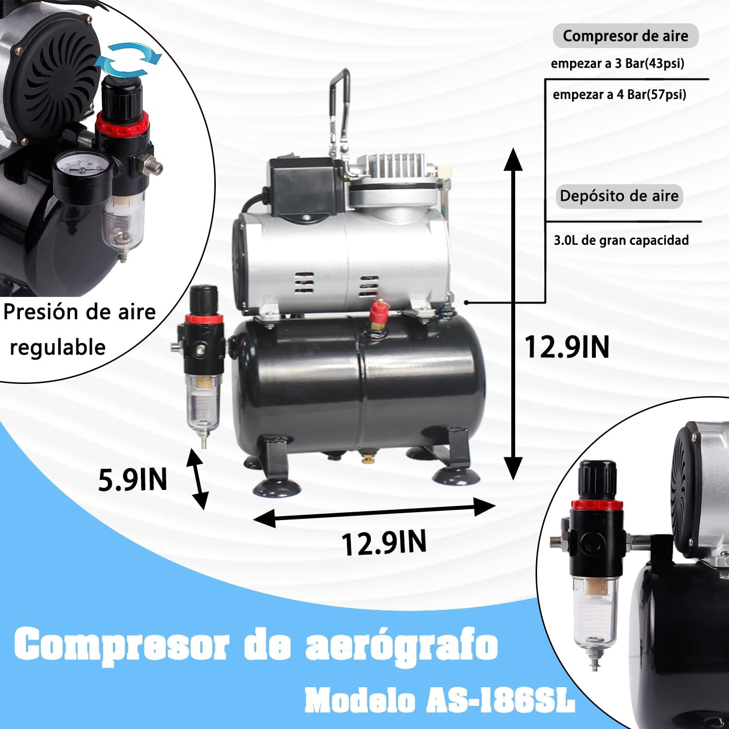 Abest - Kit compressore aerografo professionale completo, sistema per aerografia con 2 aerografi multiuso: doppia azione Gravity ;mm a singola azione Siphon feed, con sistema di raffreddamento