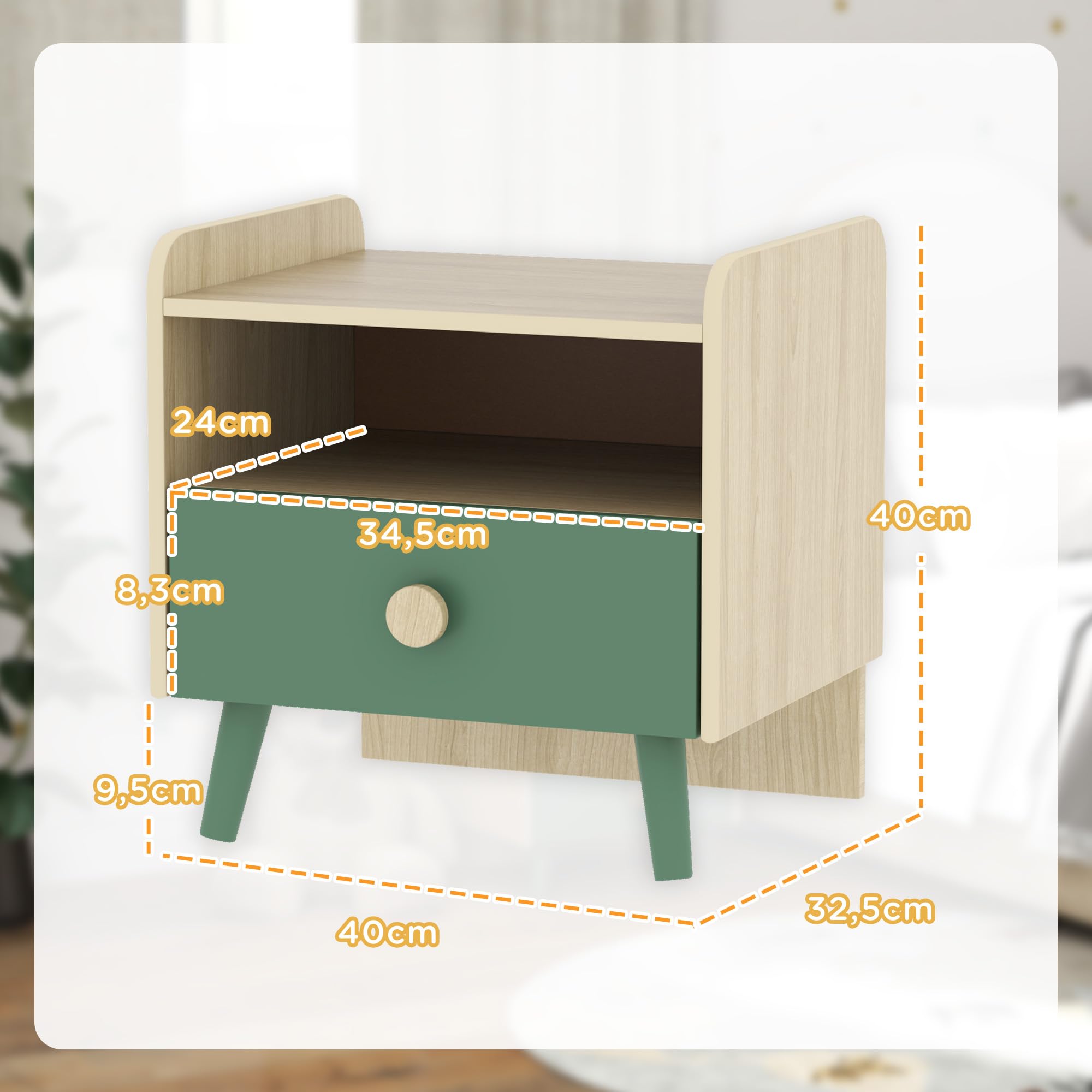 AIYAPLAY Lot de 2 Tables de Chevet Enfant, Tables de Nuit Enfant avec tiroir et Niche, Petite Table d'appoint en Bois pour Chambre d'enfant, 40L x 32,5l x 40H cm, Vert