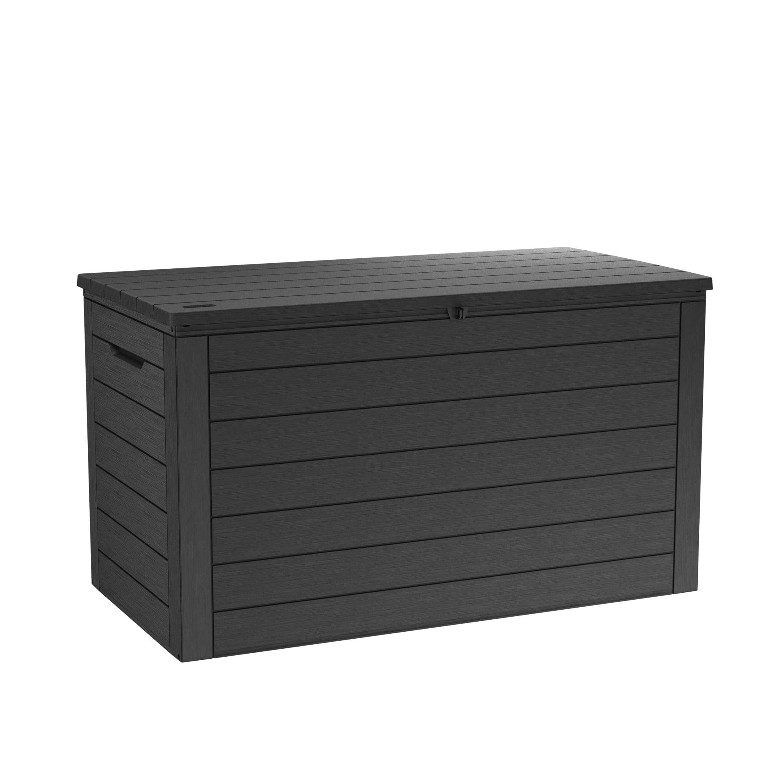 Keter Ontario Aufbewahrungsbox 570L Graphit – Wetterfeste Gartenbox in Holzoptik mit Gasdruckfedern – UV-beständige, abschließbare Kissenbox für Innen- & Außenbereich