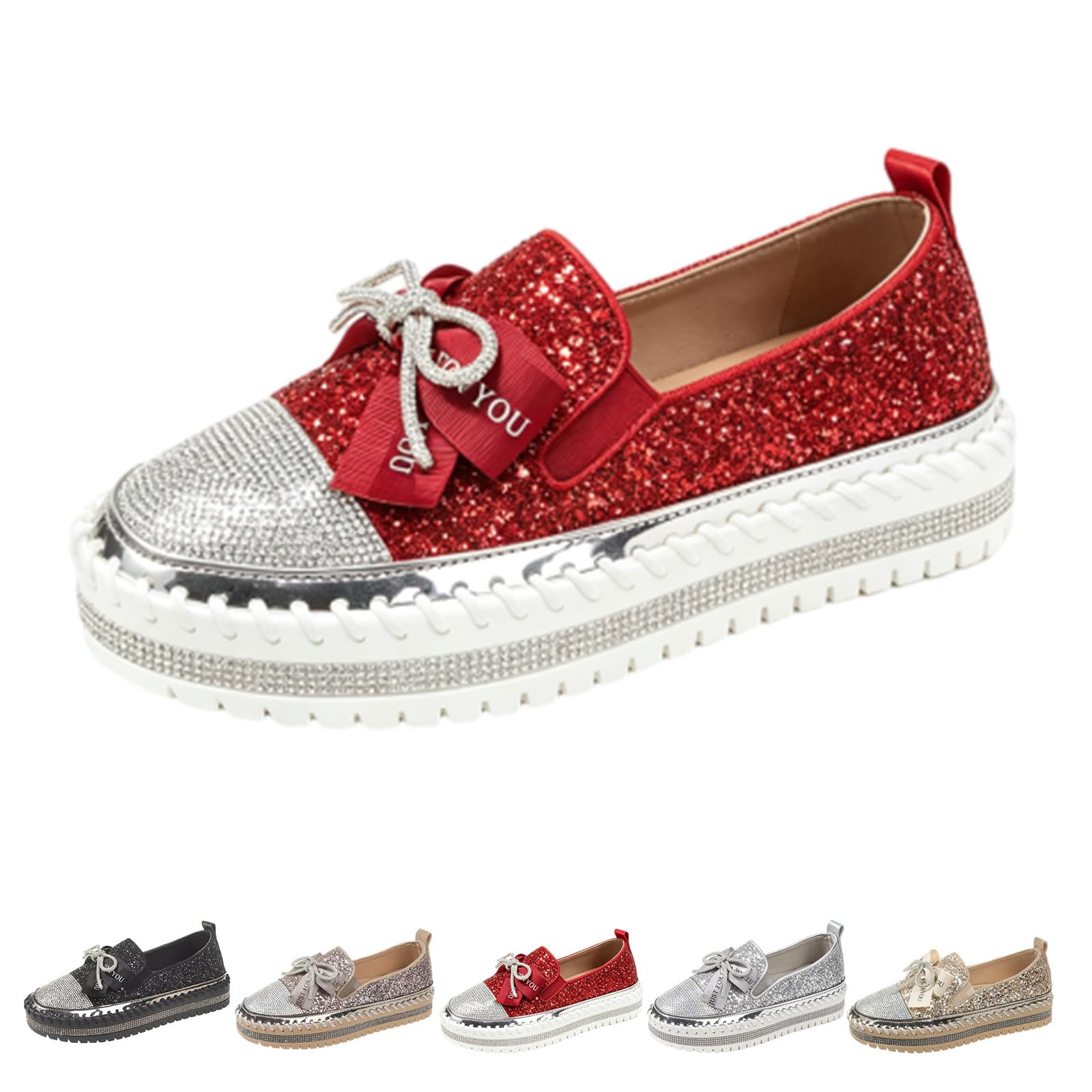 Scarpe da ginnastica da donna con strass carino fiocco piattaforma slip on