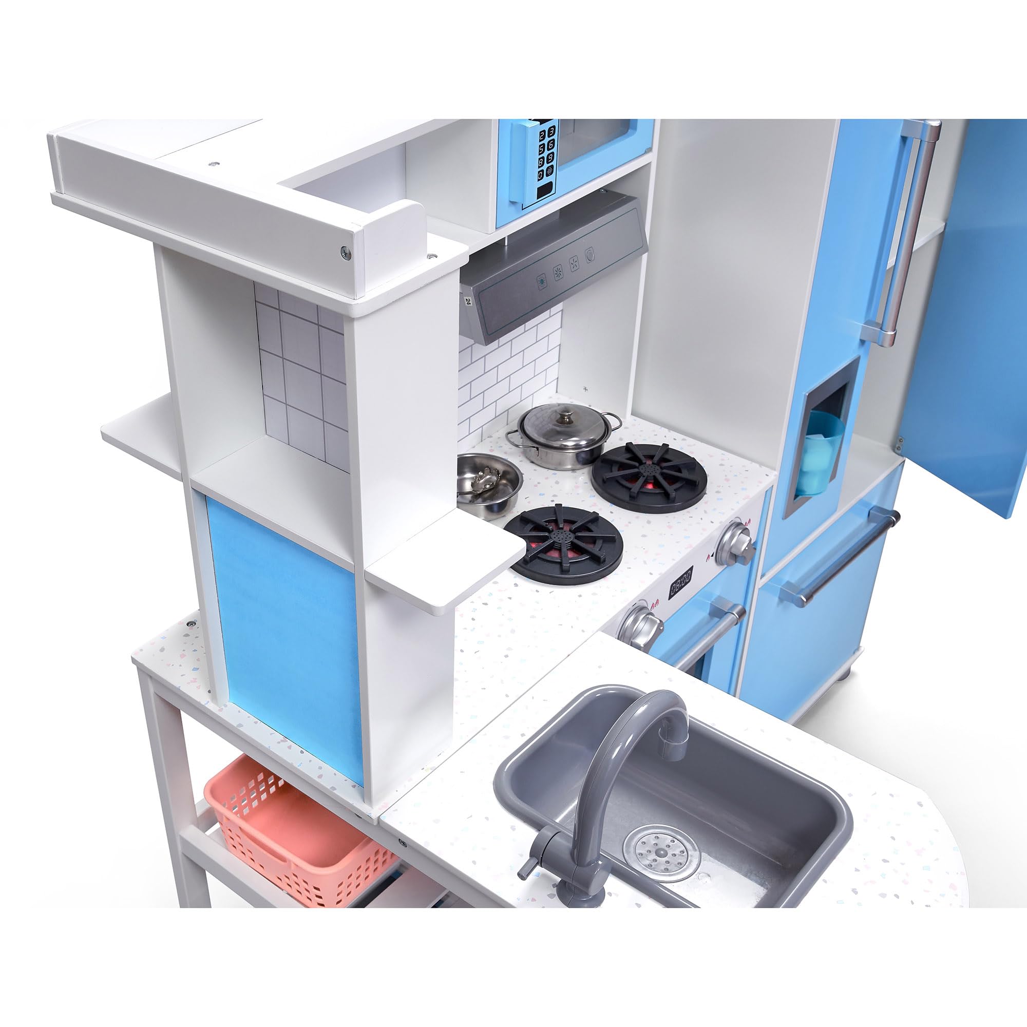 Plum Roleplay Kids Indoor Wooden Penne Pantry Bakehouse Kuchnia z przyborami do gotowania, lodówką z maszyną do lodu i kuchenkami elektrycznymi ze światłami i dźwiękami - 3 lata plus 110 x 102 x 33 cm