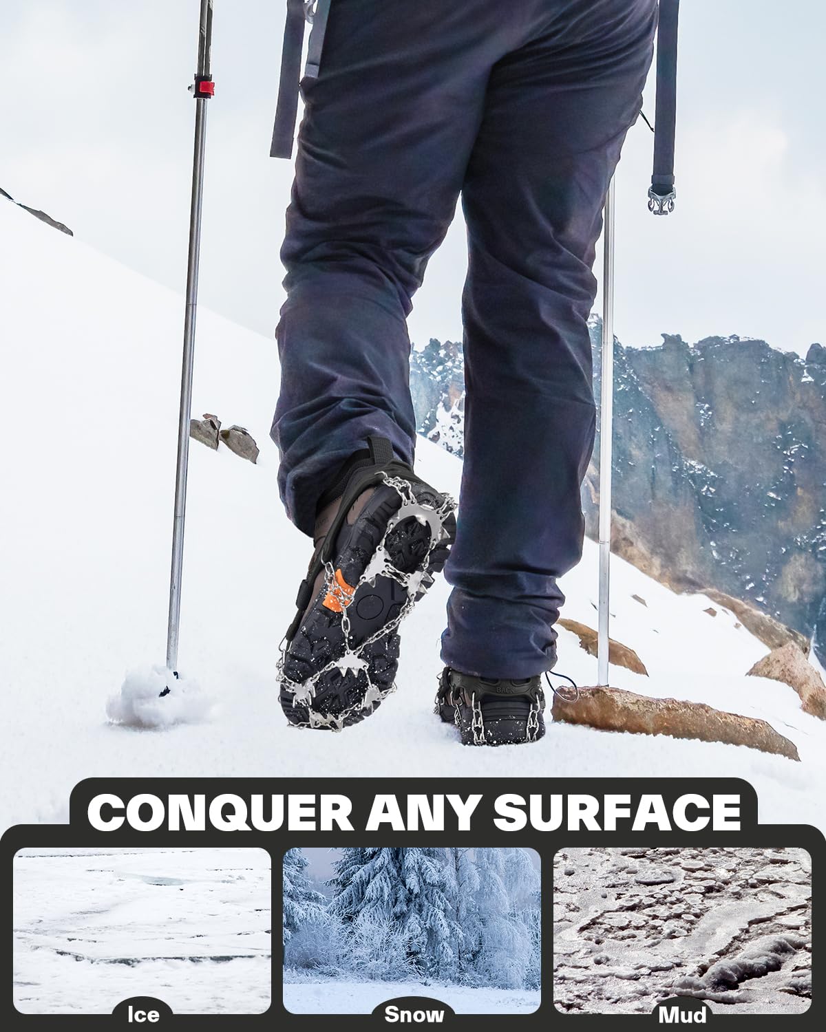 Sportneer Ramponi per Scarponi, 28 Punte Ramponi da Ghiaccio a trazione 201 Inox Copertura Antiscivolo per Scarpe da Neve, Protezione sicura per Camminare, Jogging, Pesca