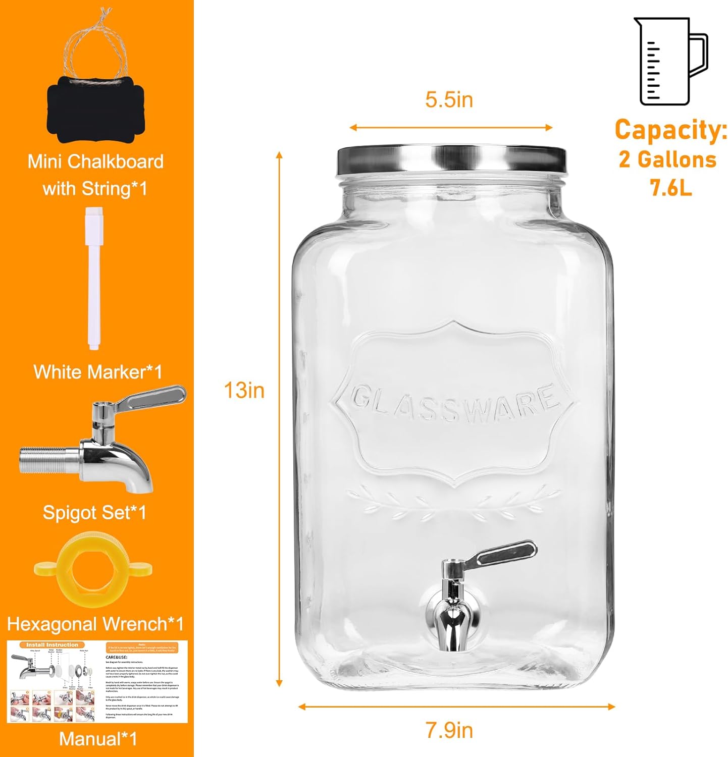 Moretoes 2 Gallon Glass Drinks Dispenser for Parties, Sun Tea Glass Jar for Outside Beverage Dispenser with Stainless Steel Spigot and Lid for Juice and Iced Tea, Pitcher - Image 2