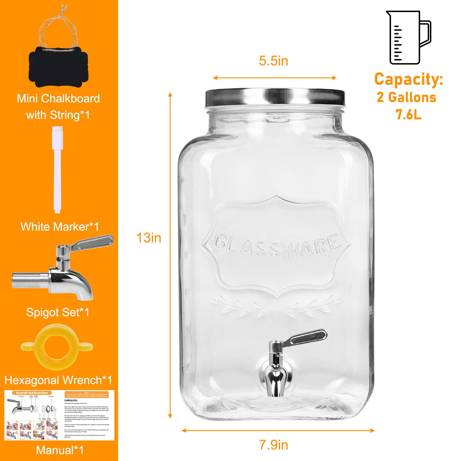 Moretoes Dispensador de bebidas de vidrio para fiestas, dispensador de bebidas de 2 galones para jugo y té helado, dispensador de jarra de agua para limonada, jarra de bebidas esencial para fiestas