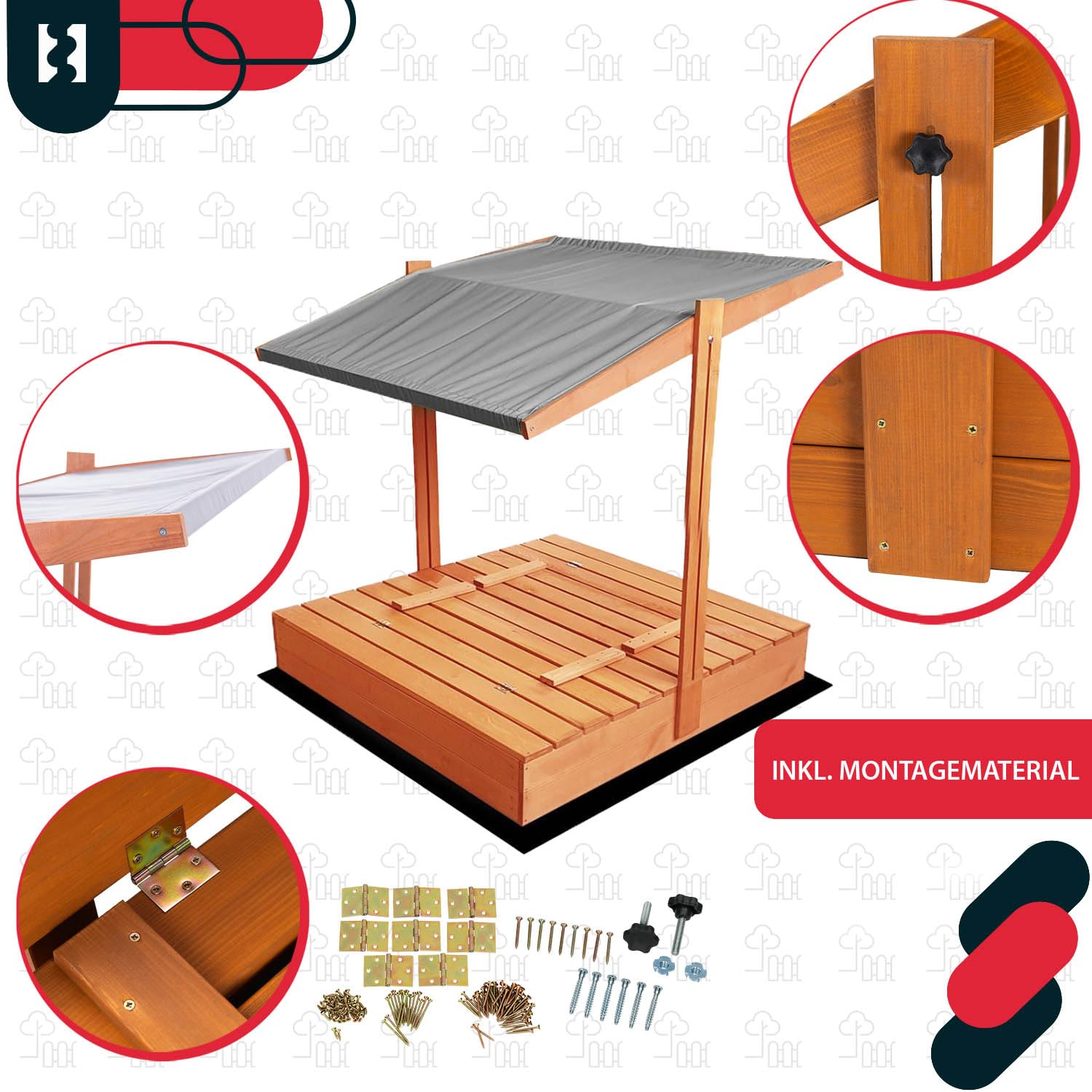 KOTARBAU® Arenero Infantil - Madera - 140 x 140 cm - Marrón - Arenero con Tapa - y Bancos - con Techo Gris - Protección Solar - Cajón de Arena - Zona de Arena Infantil