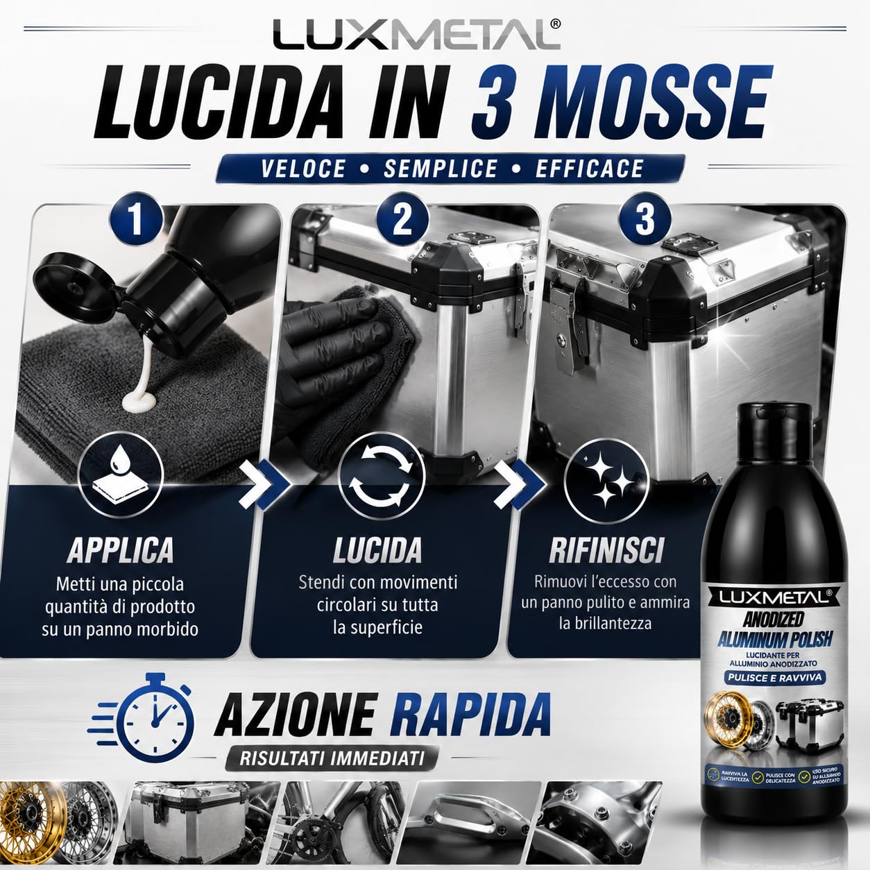 Anodized Aluminum Polish 250 gr, Lucidante per Alluminio Anodizzato, Pulisce e Ravviva Cerchi BMW GS Auto Moto Ruote Valigie e Bauli in Alluminio Azione Delicata