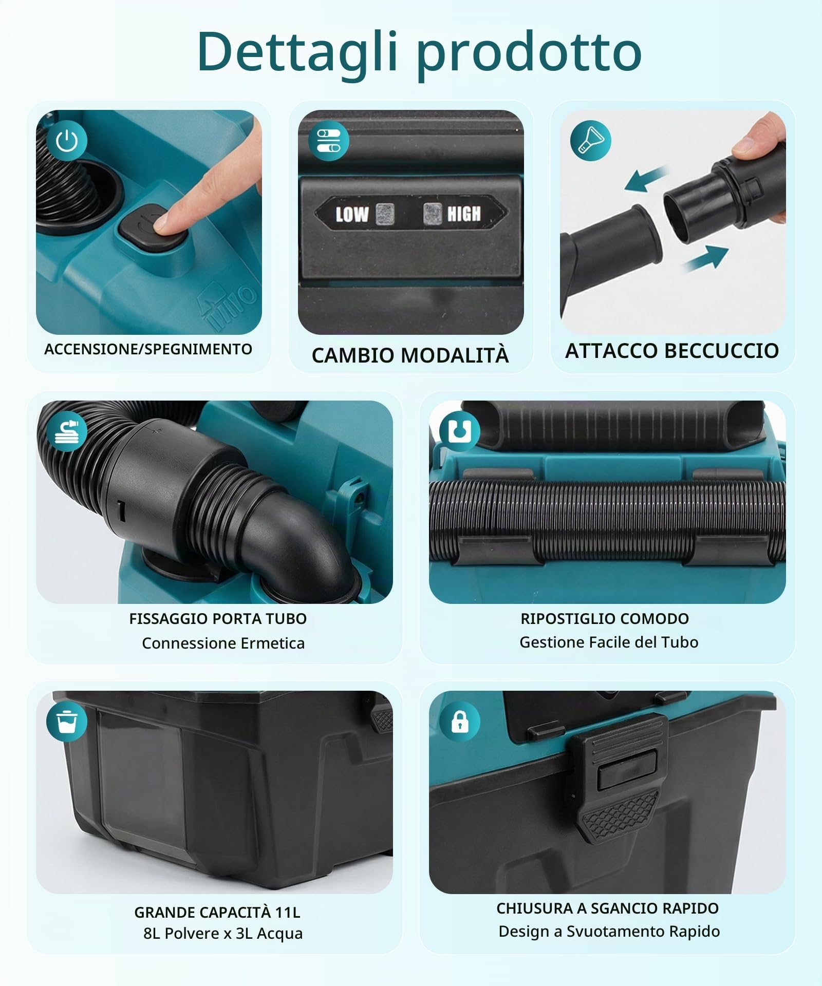 Aspirapolvere a batteria per bagnato e asciutto, 11 l, portatile con motore a spazzole, potenza di aspirazione 16 KPa, 200 W, aspirapolvere industriale senza fili per officina, auto, garage e casa