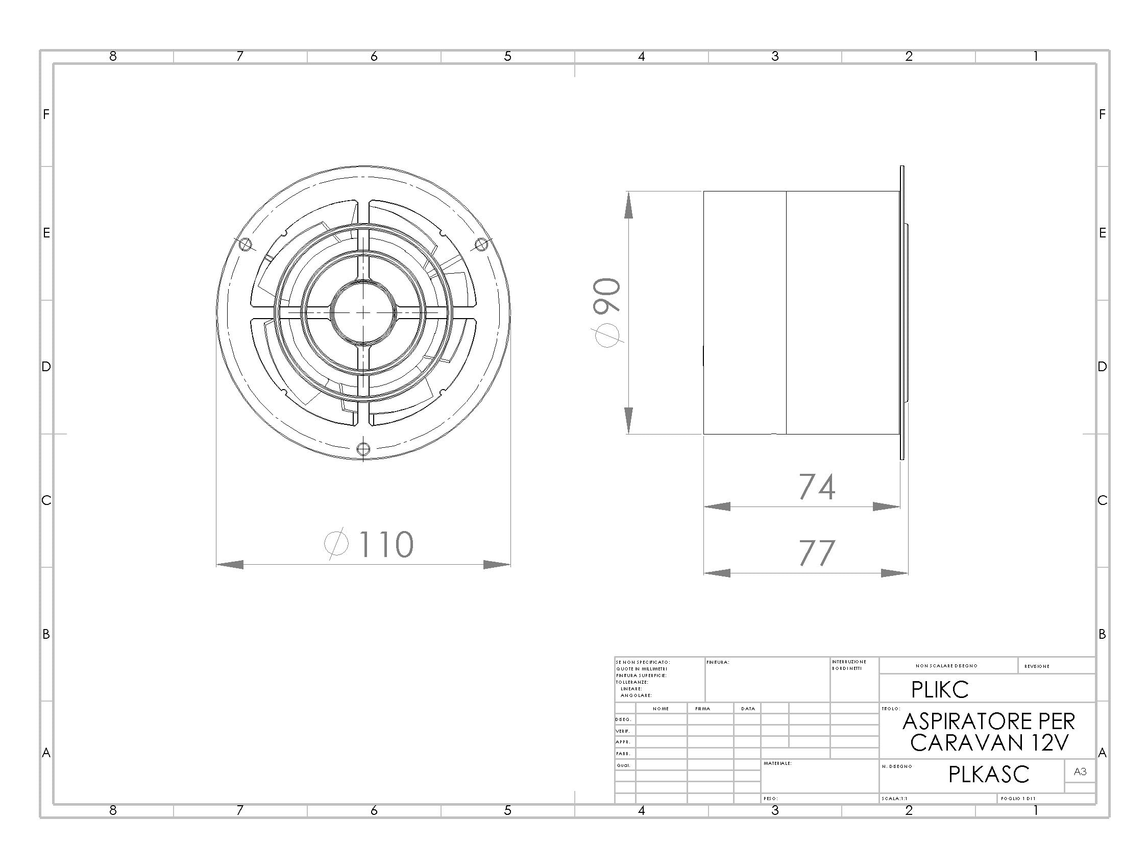 ASC - Aspiratore assiale con ventola 12Vcc per camper caravan diametro foro 90mm