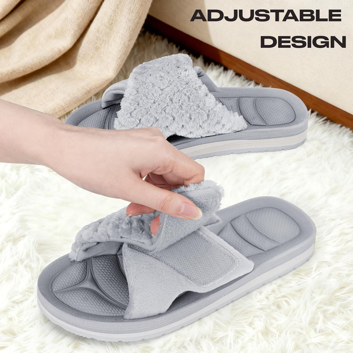 House Slippers for Women - Cozy Adjustable Open Toe Slides - Slip On Indoor Outdoor Non-slip Ladies House Shoes - Image 2