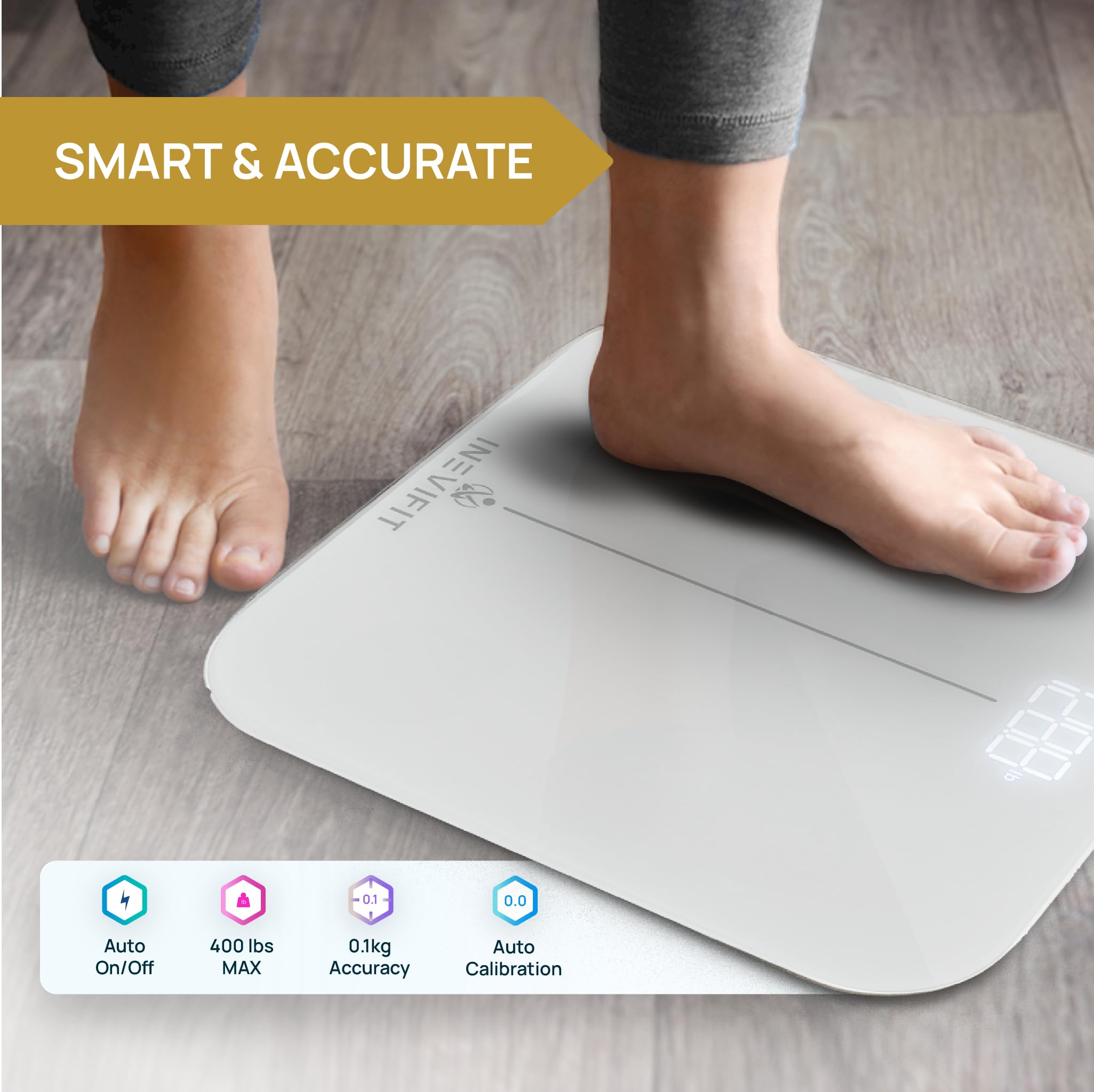INEVIFIT Báscula de Baño Premium Inteligente, Báscula de Baño Digital Bluetooth de Alta Precisión, Mide con Precisión El Peso Y El Bmi, Silver-Ss