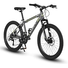 24 Inch Mountain Bike Boys Girls, Steel Frame Mountain Bicycle with Daul Disc Brakes and Front Suspension MTB