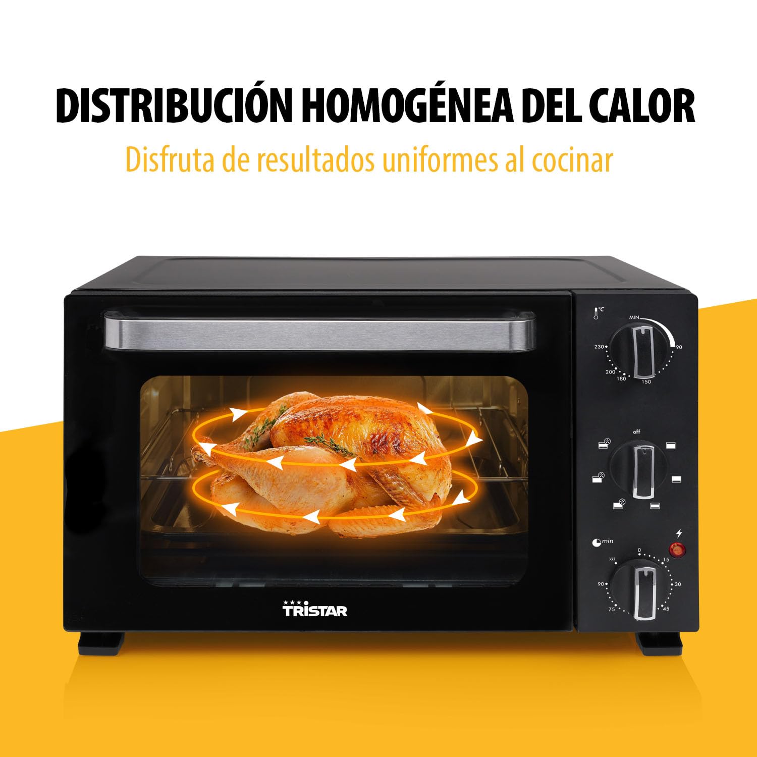 Tristar Horno de Convección, 27L Capacidad, 1500W, 6 Funciones, Temporizador 90 Min, Termostato 90–230 °C, Puerta Doble Cristal, Luz Interior, Accesorios Incluidos, OV-3627