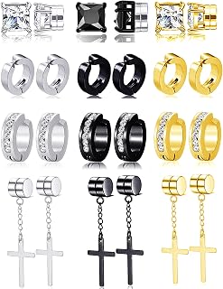 12 Pairs Magnetic Stud Earrings Stainless Steel Non Pierced Earrings Punk CZ Hoop Dangle Hinged Feather Clip on Magnet Earring Set for Men Women Gold Silver Black Tone